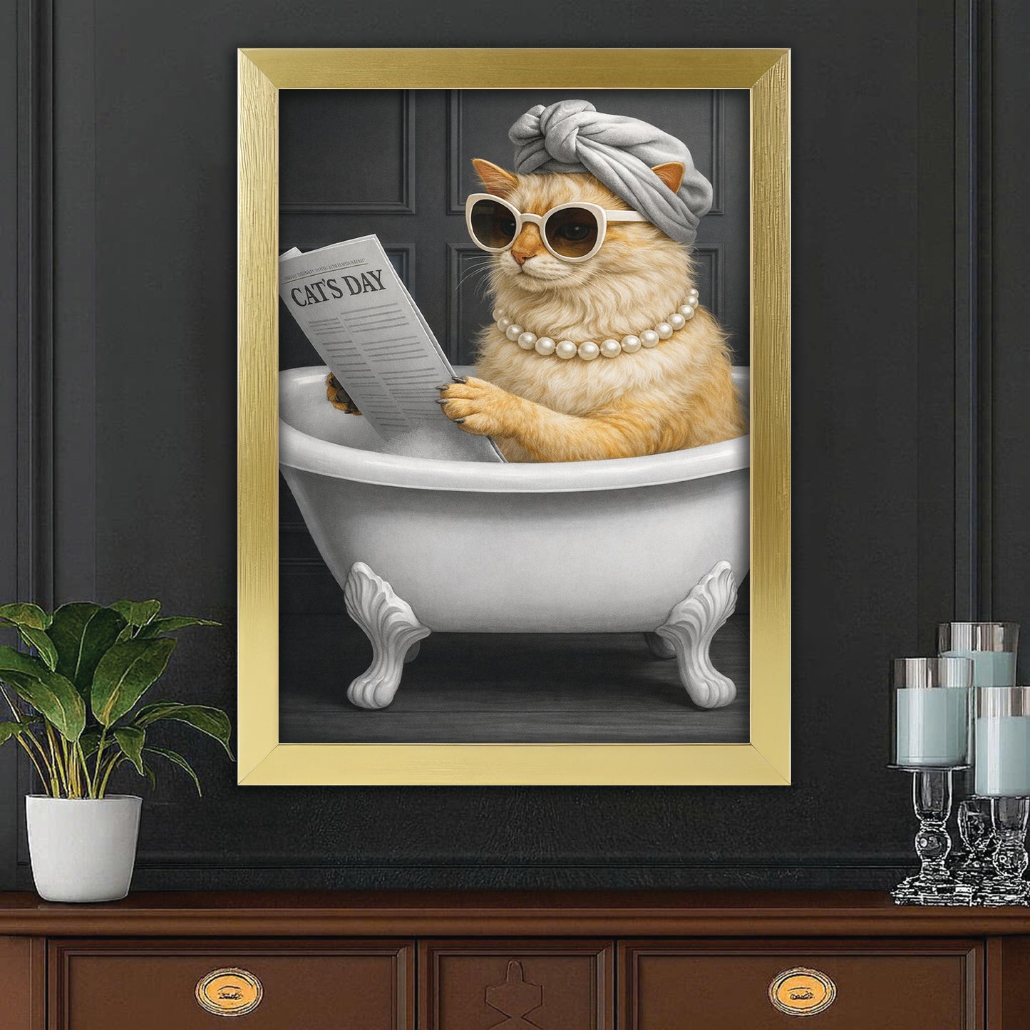 Custom Photo Cat Bathroom Style 9 Canvas Framed Wall Art Gift For Cat Lovers