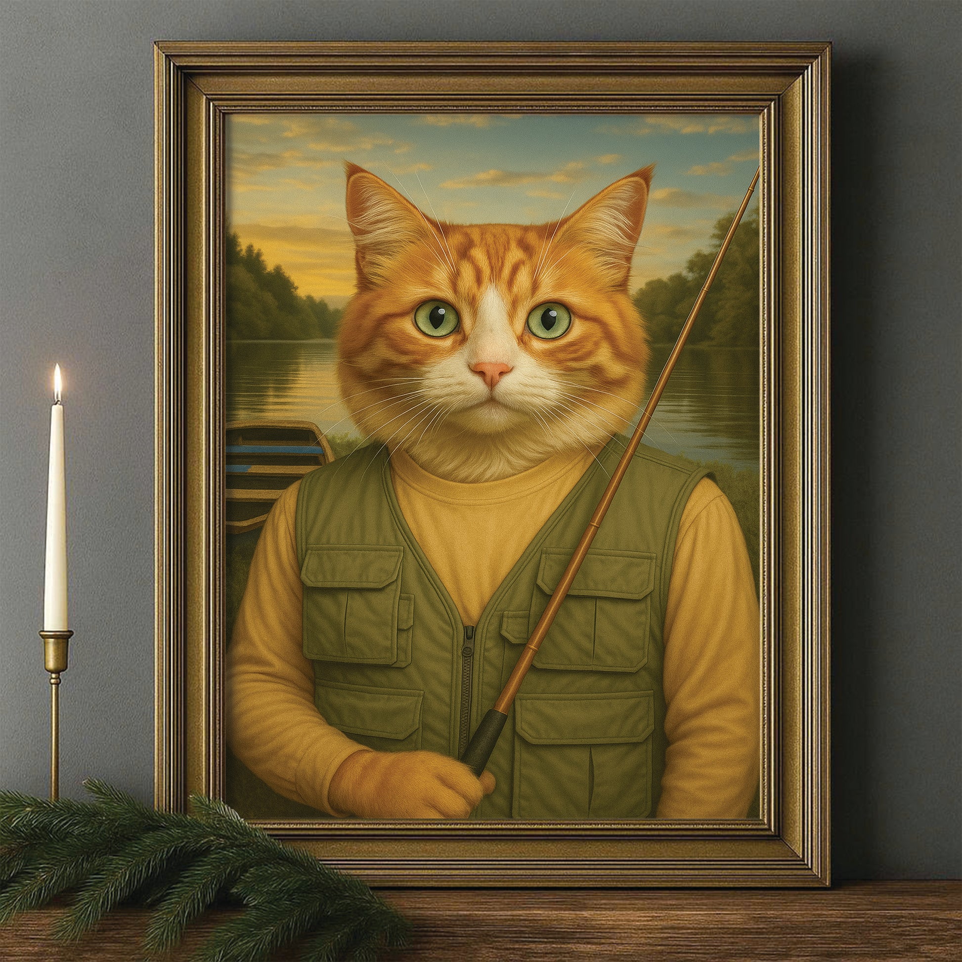 Custom Photo Fisherman Cat Canvas Framed Wall Art