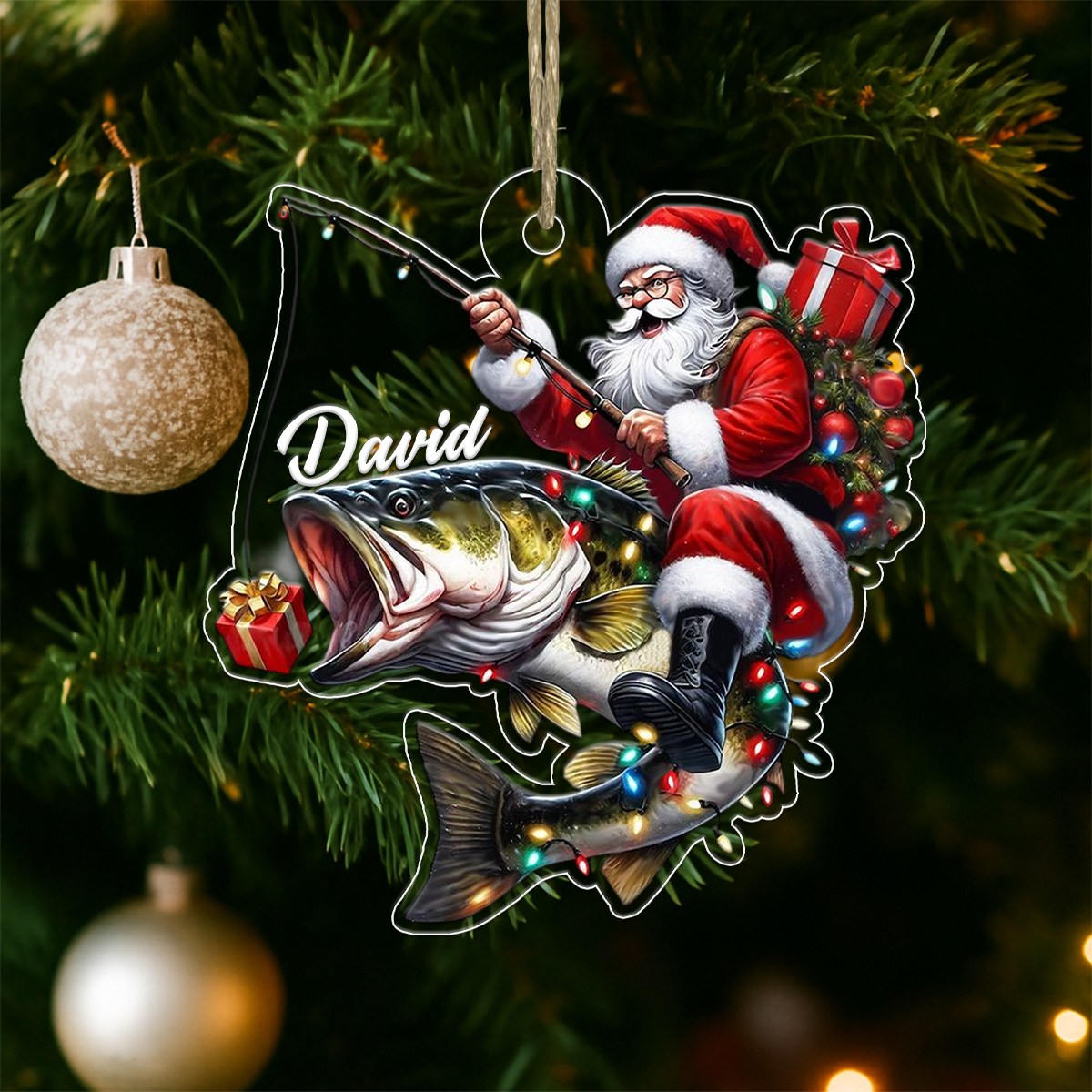 Custom Name Santa Fishing Acrylic Ornament Christmas Gift