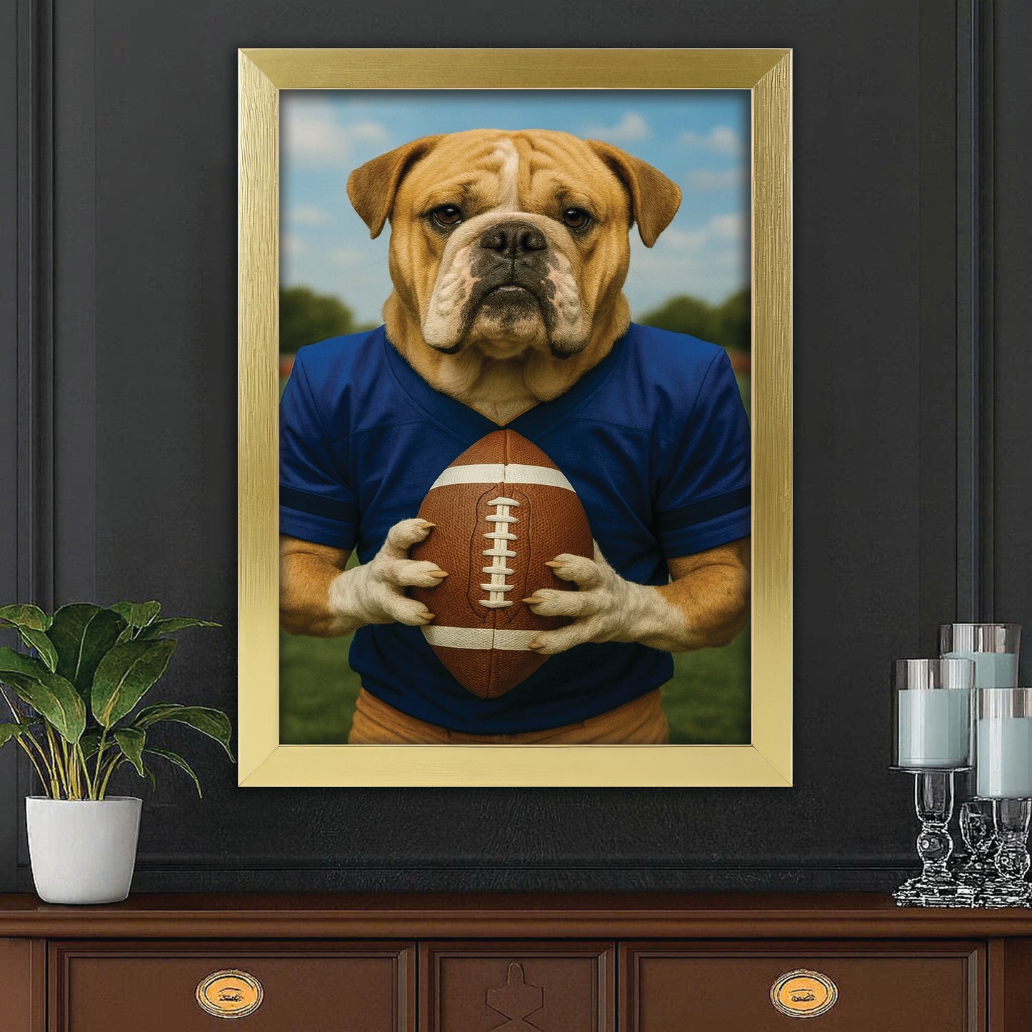 Custom Photo Football Player Dog Canvas Framed Wall Art Gift For Dog Lovers