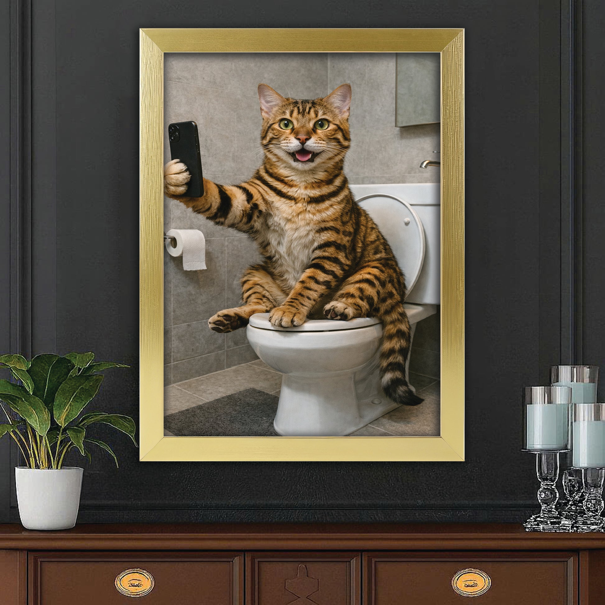Custom Photo Cat Sefie Bathroom Canvas Framed Wall Art Gift For Cat Lover