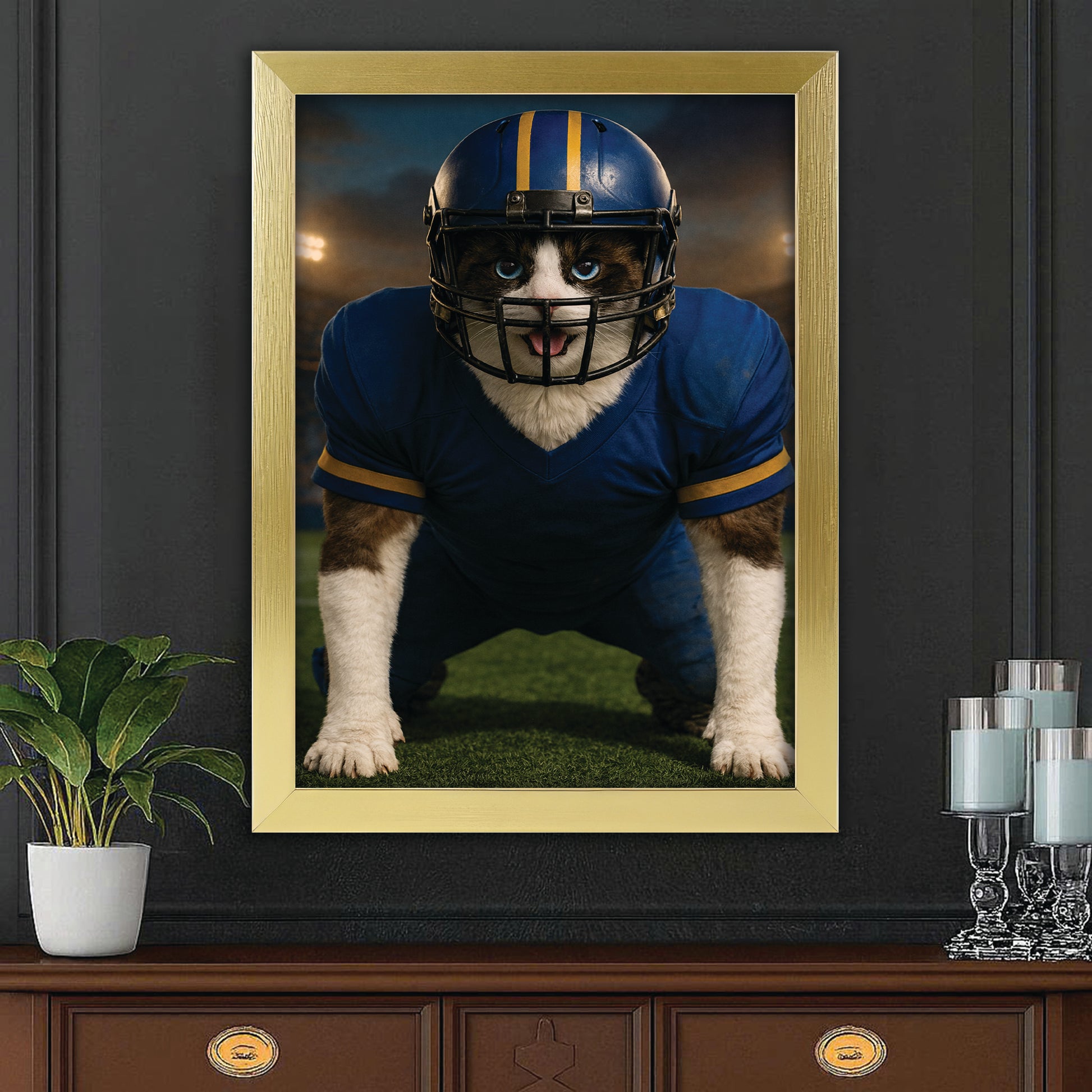 Custom Photo Football Player 2 Cat Canvas Framed Wall Art  Gift For Cat Lovers