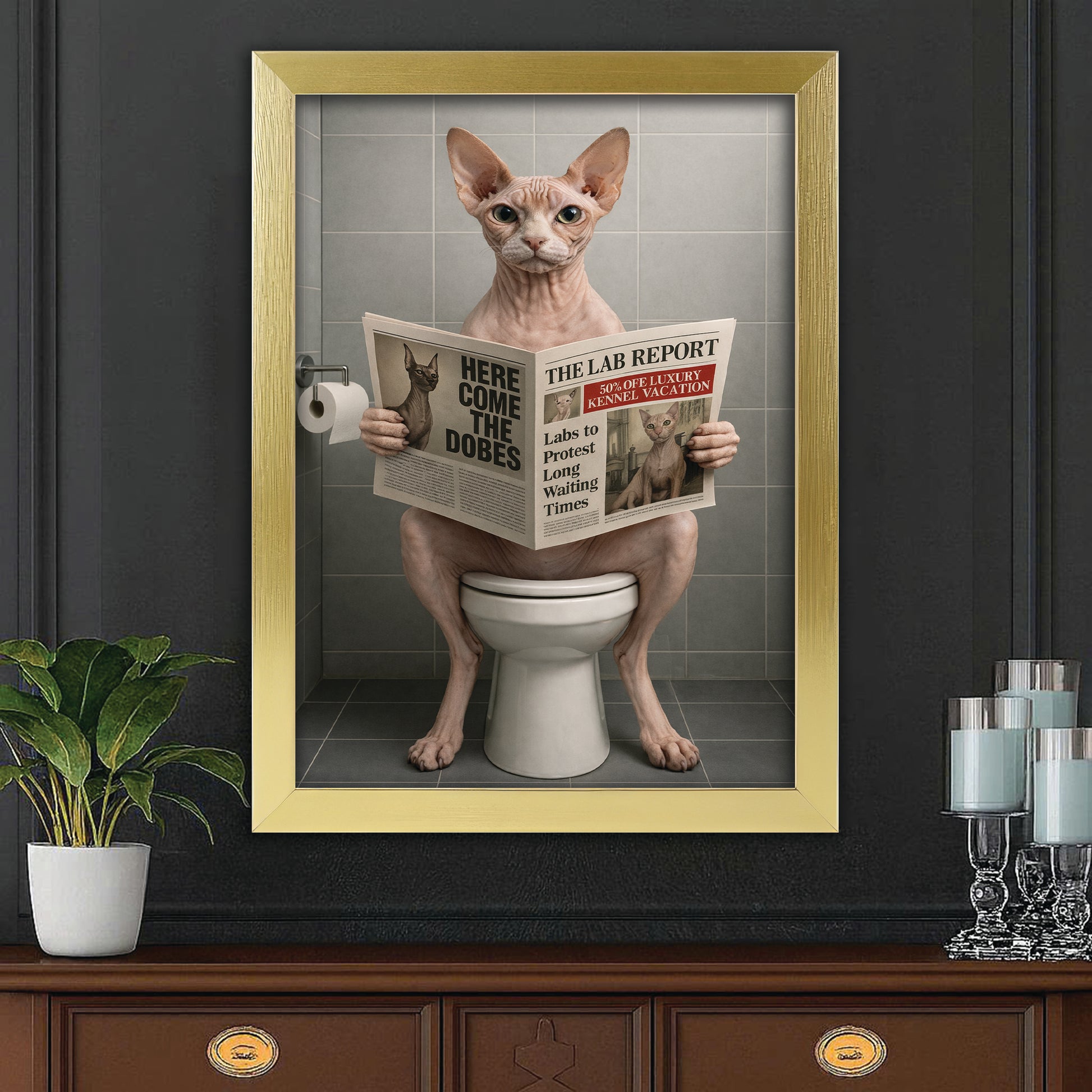 Custom Photo Cat Bathroom Canvas Framed Wall Art Style 03 Gift For Cat Lovers