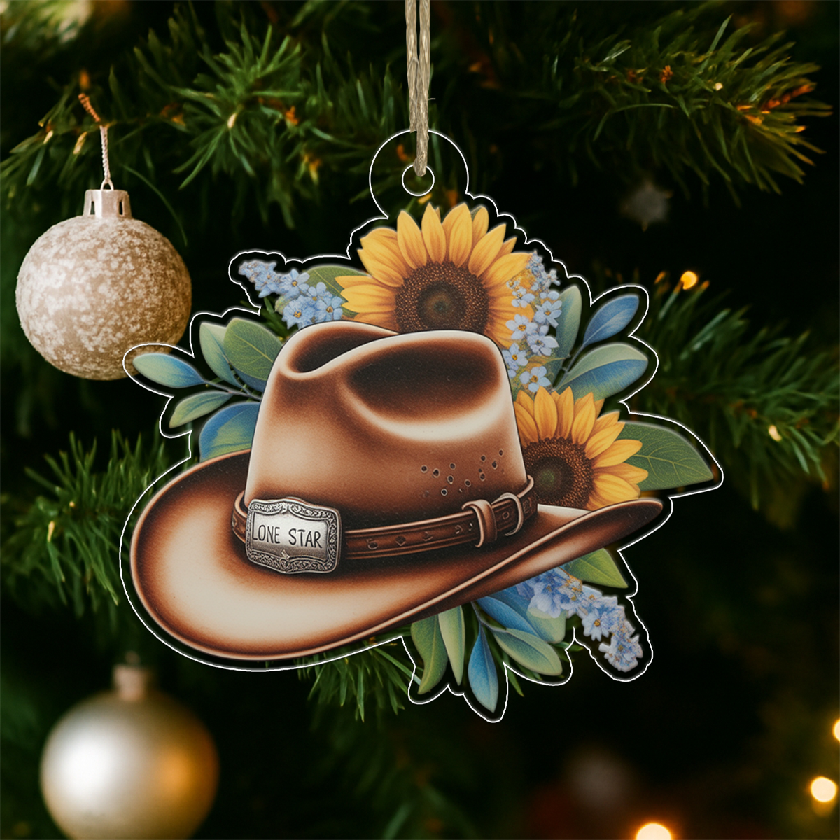 Custom Name Rustic Sunflower Cowboy Hat Acrylic Ornament Christmas Gift