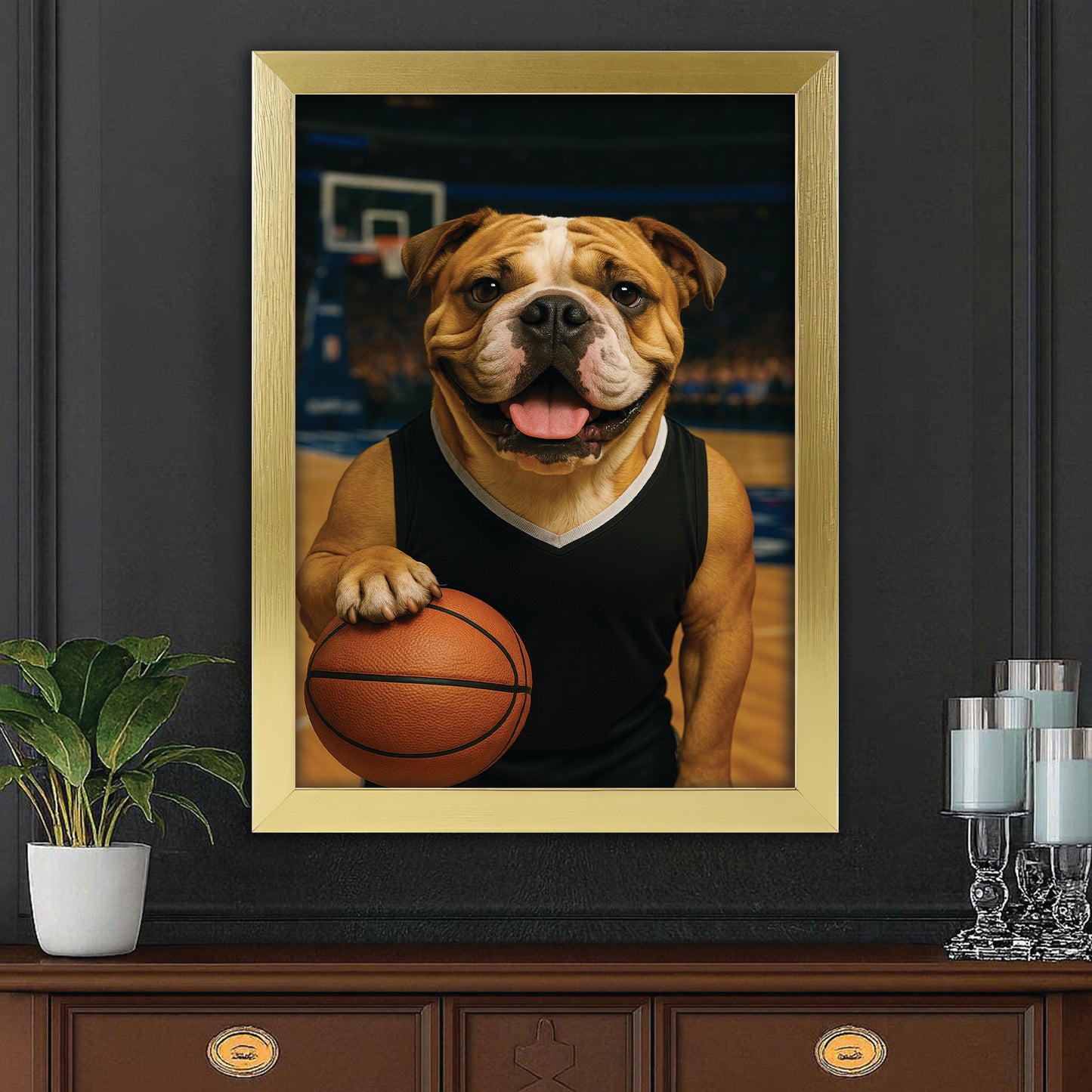 Custom Photo Basketball Player Dog Canvas Framed Wall Art Gift For Dog Lovers