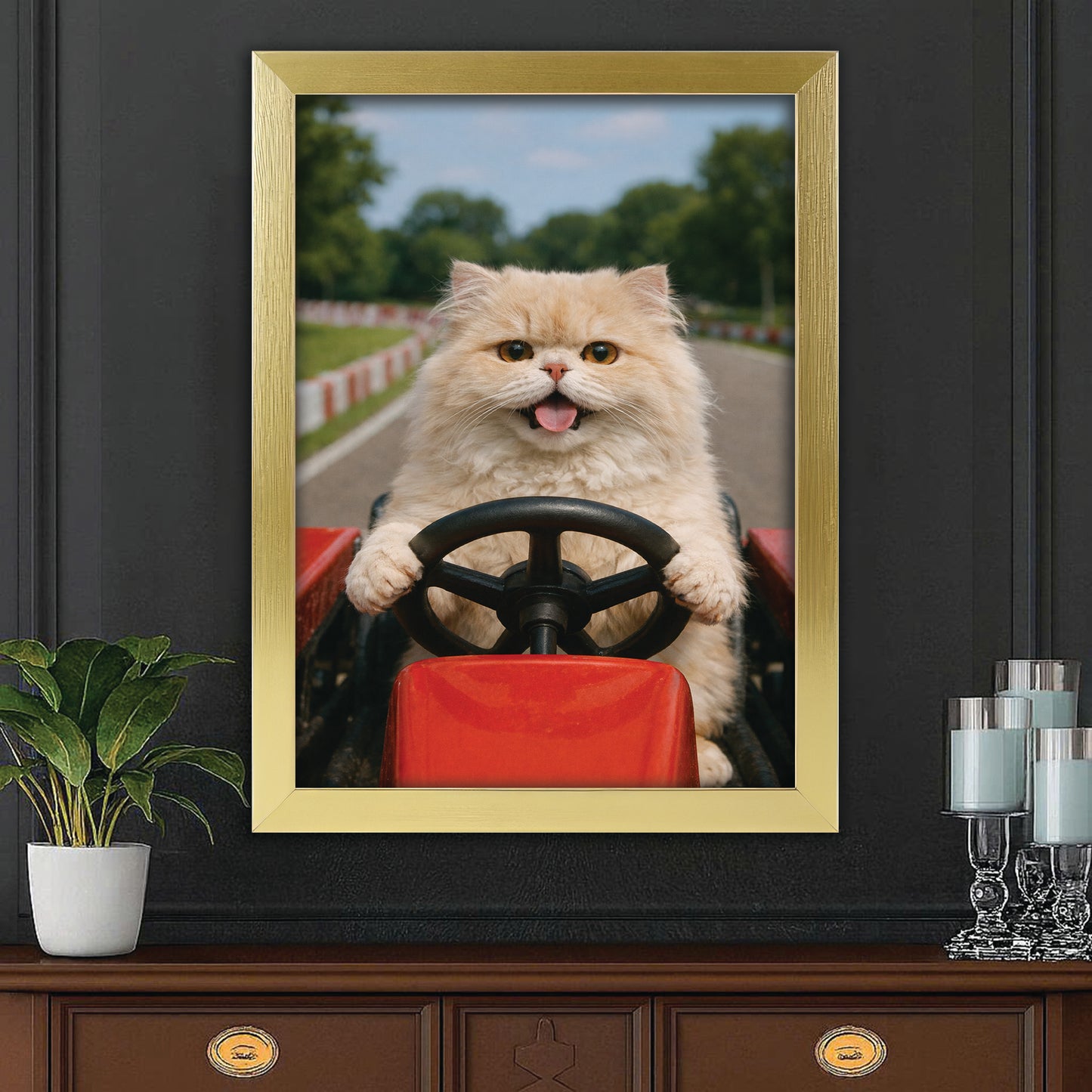 Custom Photo Cat Go Kart Canvas Framed Wall Art  Gift For Cat Lovers