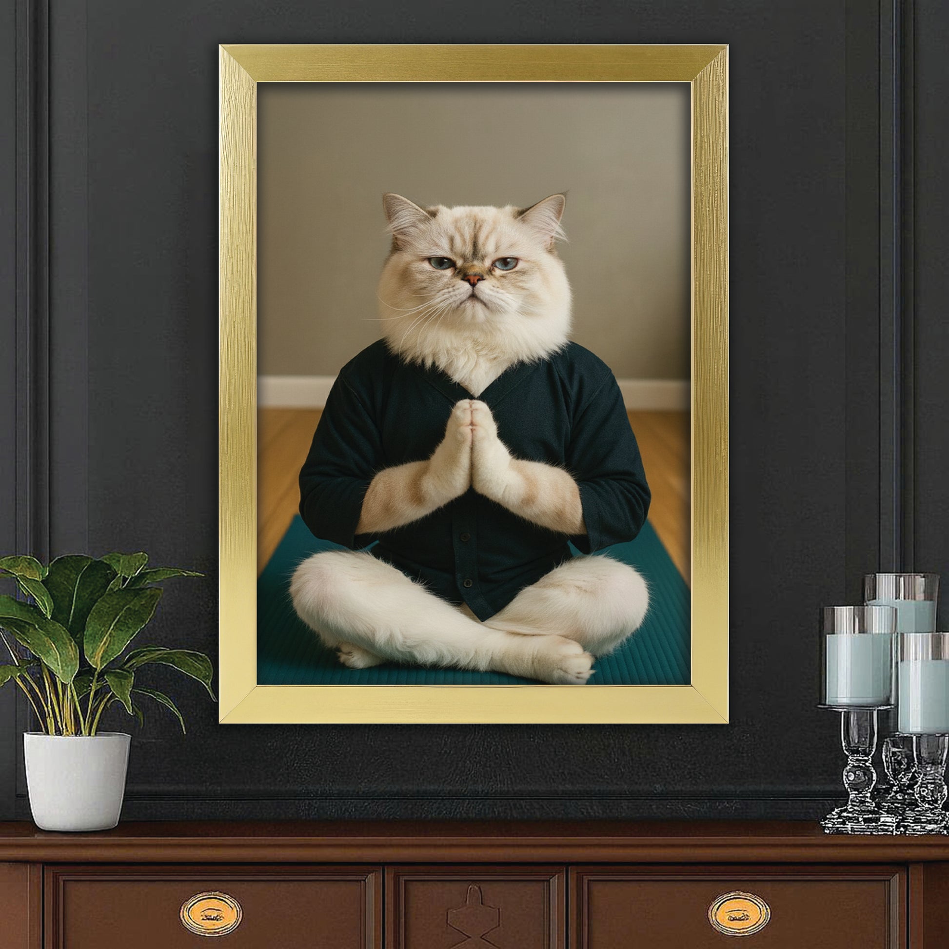 Custom Photo Yoga Cat Canvas Framed Wall Art Gift For Cat Lovers