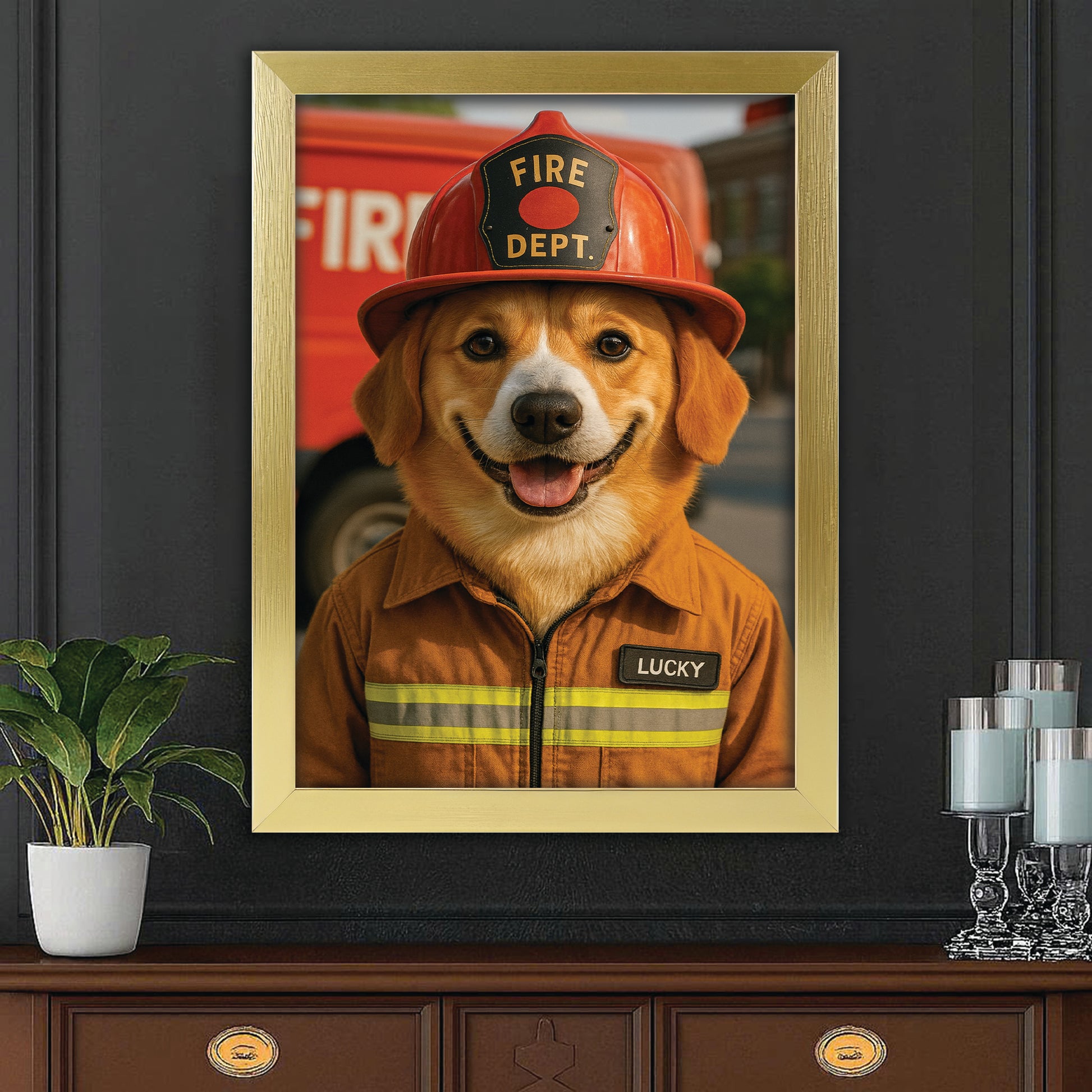 Custom Photo Fire Fighter Dog Canvas Framed Wall Art Gift For Dog Lovers