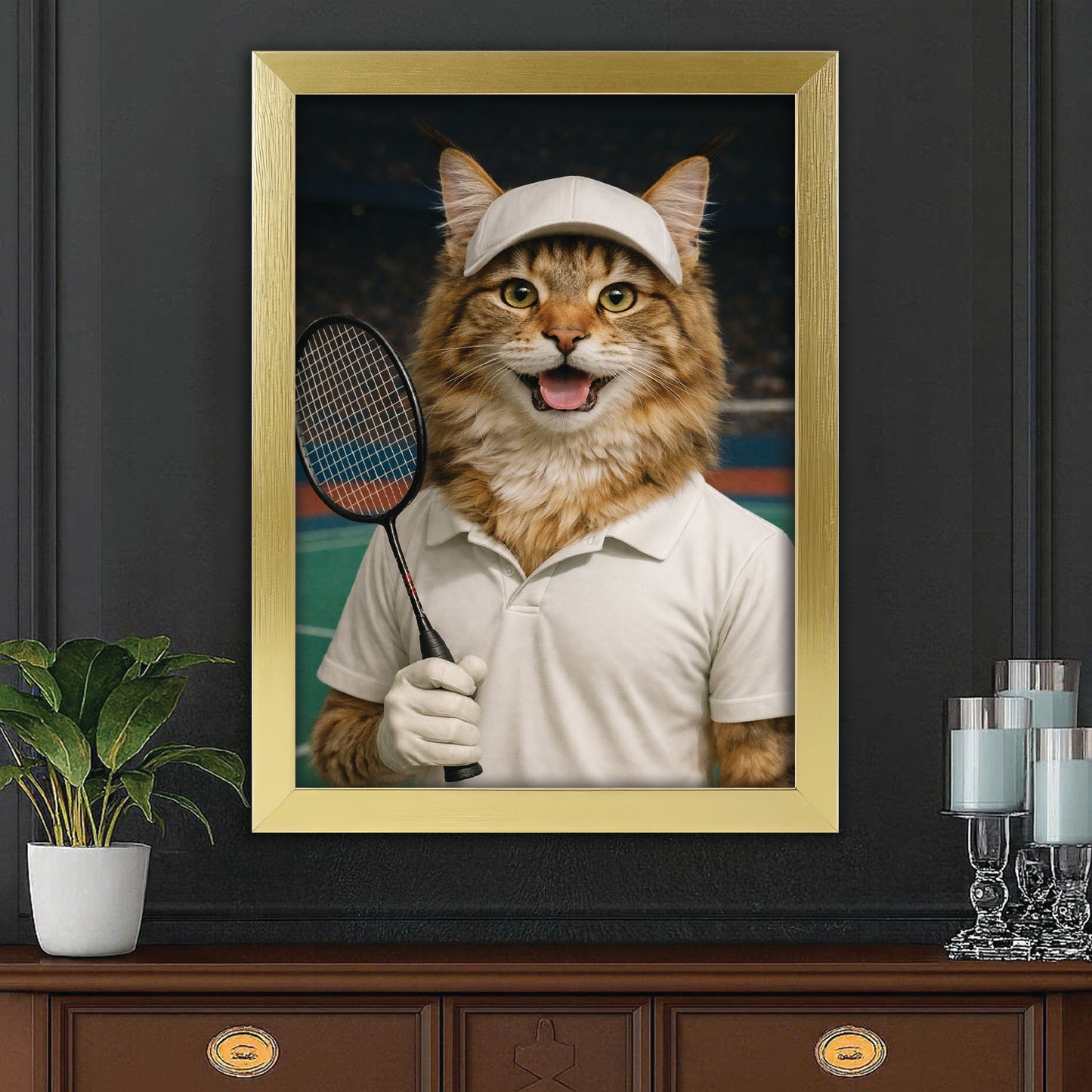 Custom Photo Badminton Cat Canvas Framed Wall Art Gift For Cat Lovers