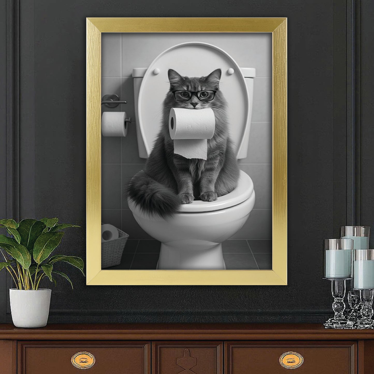 Custom Photo Cat Bathroom Style 5 Canvas Framed Wall Art Gift For Cat Lovers