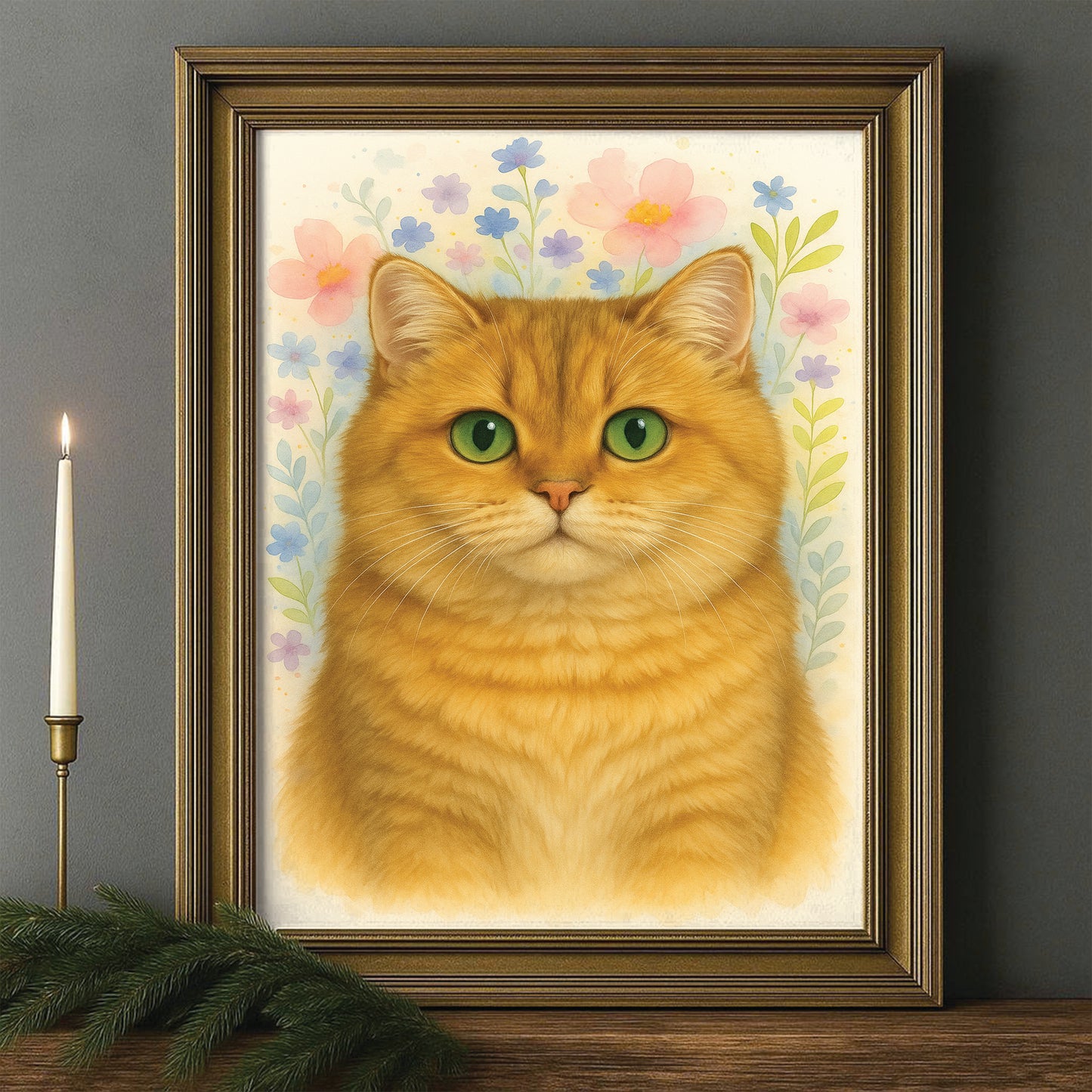 Custom Photo Cat Floral Watercolor Art Canvas Framed Wall Art