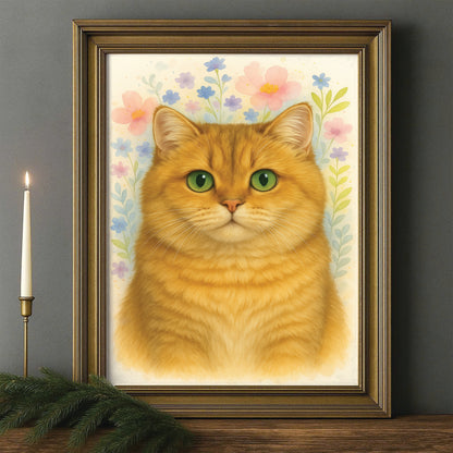 Custom Photo Cat Floral Watercolor Art Canvas Framed Wall Art