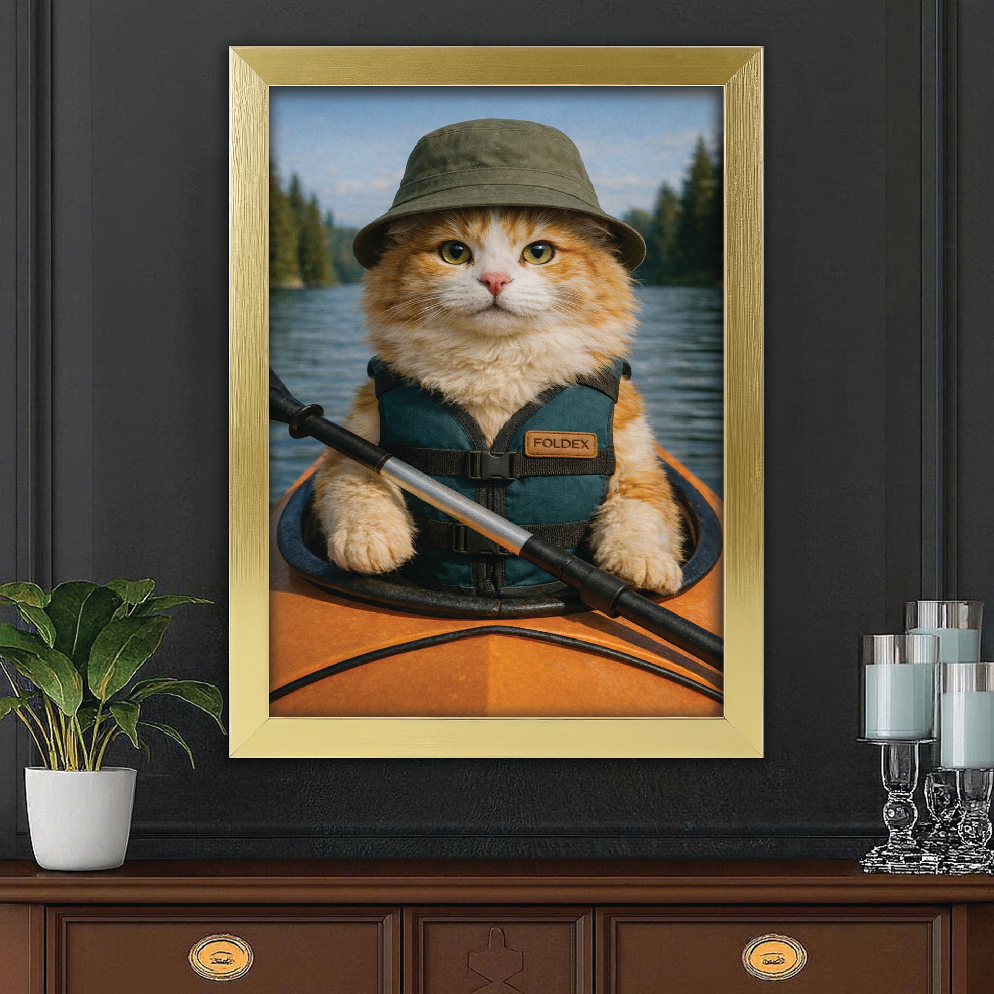 Custom Photo Kayak Cat Canvas Framed Wall Art Gift For Cat Lovers