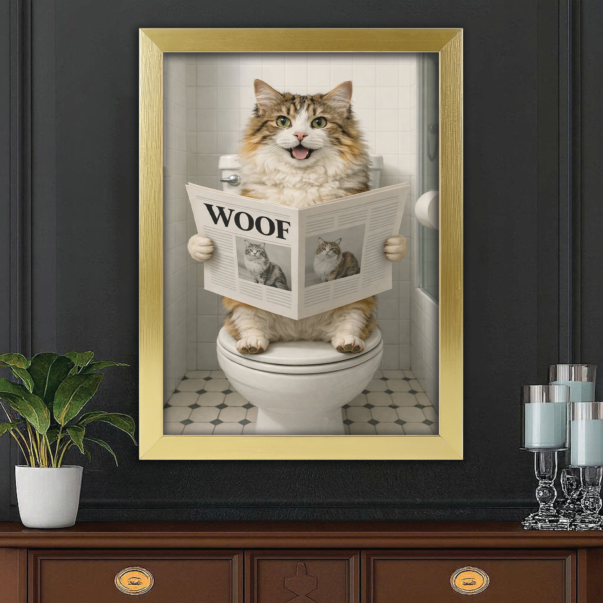 Custom Photo Cat Bathroom Style 6 Canvas Framed Wall Art Gift For Cat Lovers