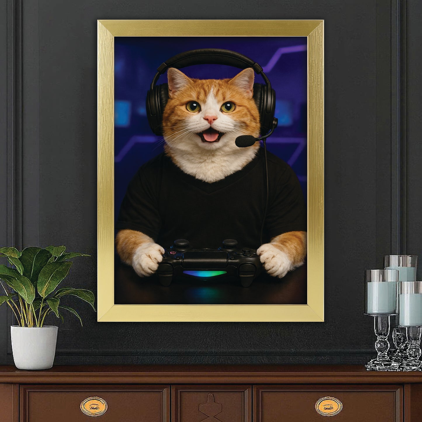 Custom Photo Gamer Cat Canvas Framed Wall Art  Gift For Cat Lovers