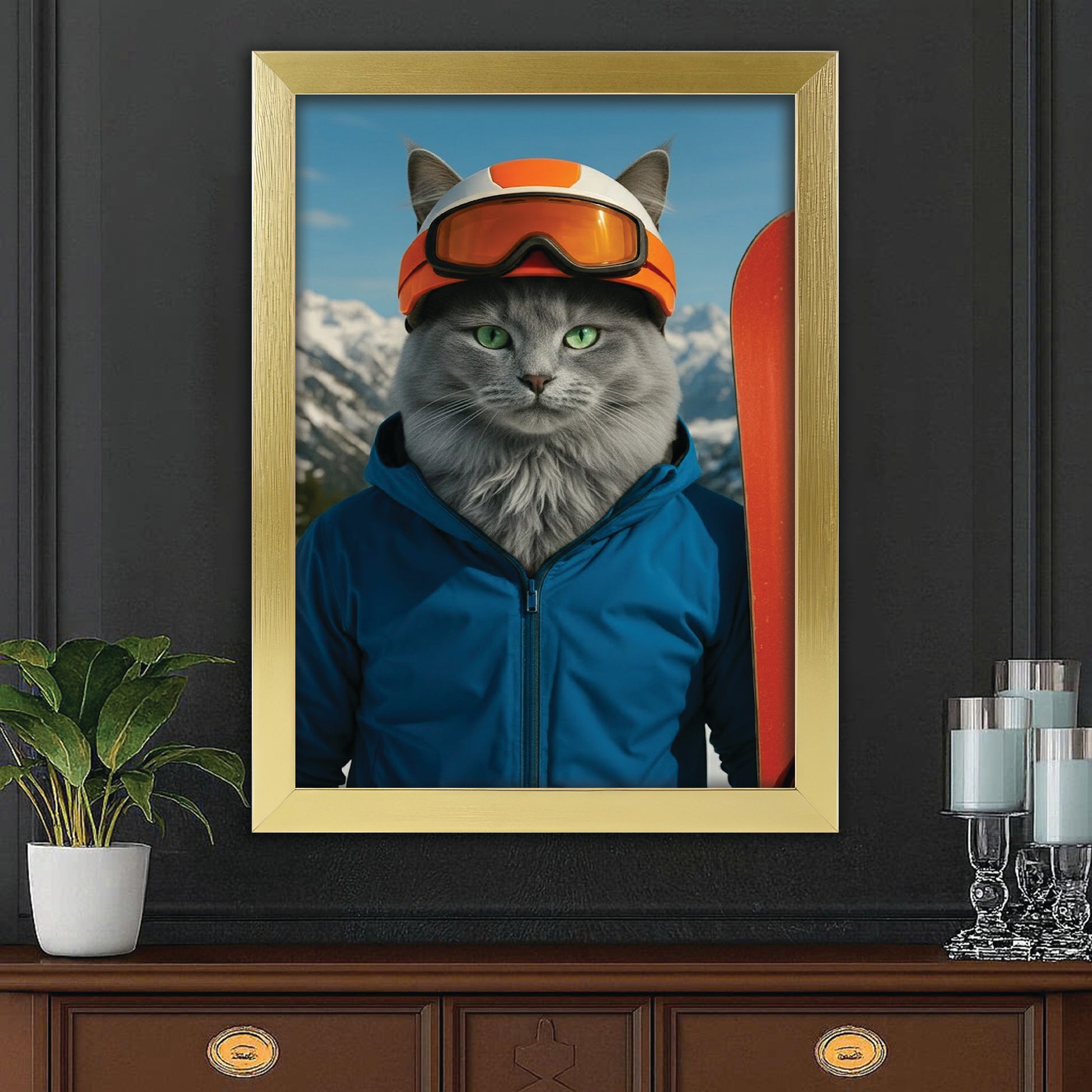 Custom Photo Snowboarder Cat Canvas Framed Wall Art Gift For Cat Lovers