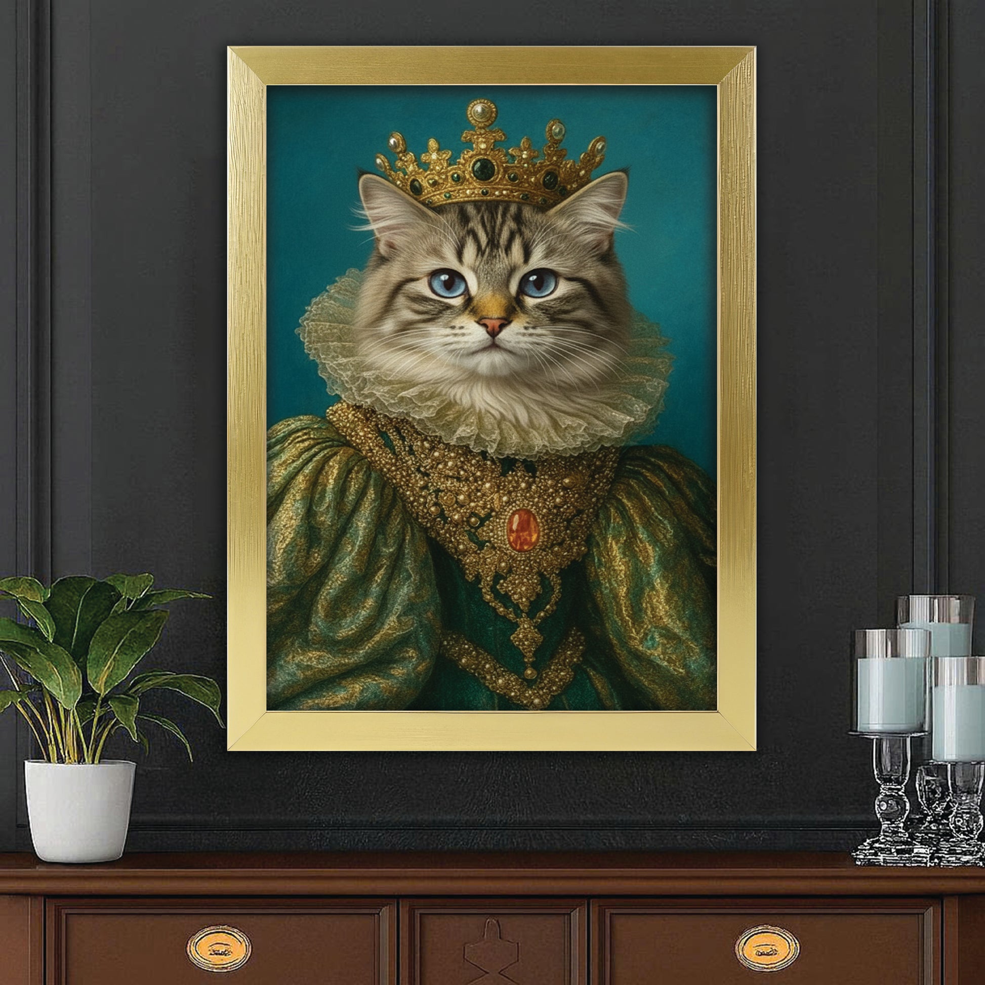 Custom Photo Potrait Royal Cat With Crown Canvas Framed Wall Art Gift For Cat Lovers