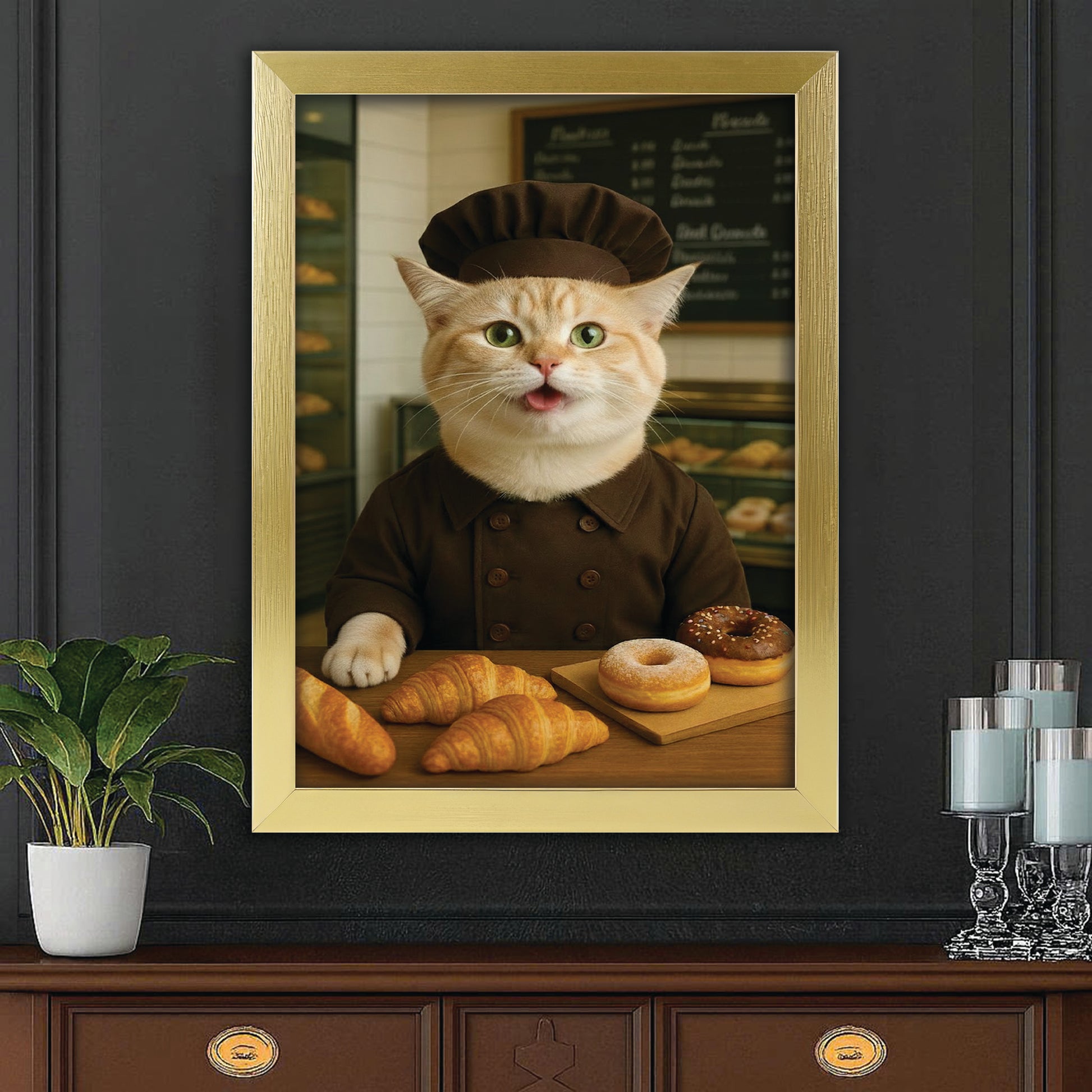 Custom Photo Baker Corgi Cat Canvas Framed Wall Art Gift For Cat Lovers