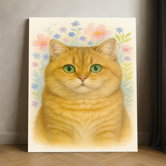 Custom Photo Cat Floral Watercolor Art Canvas