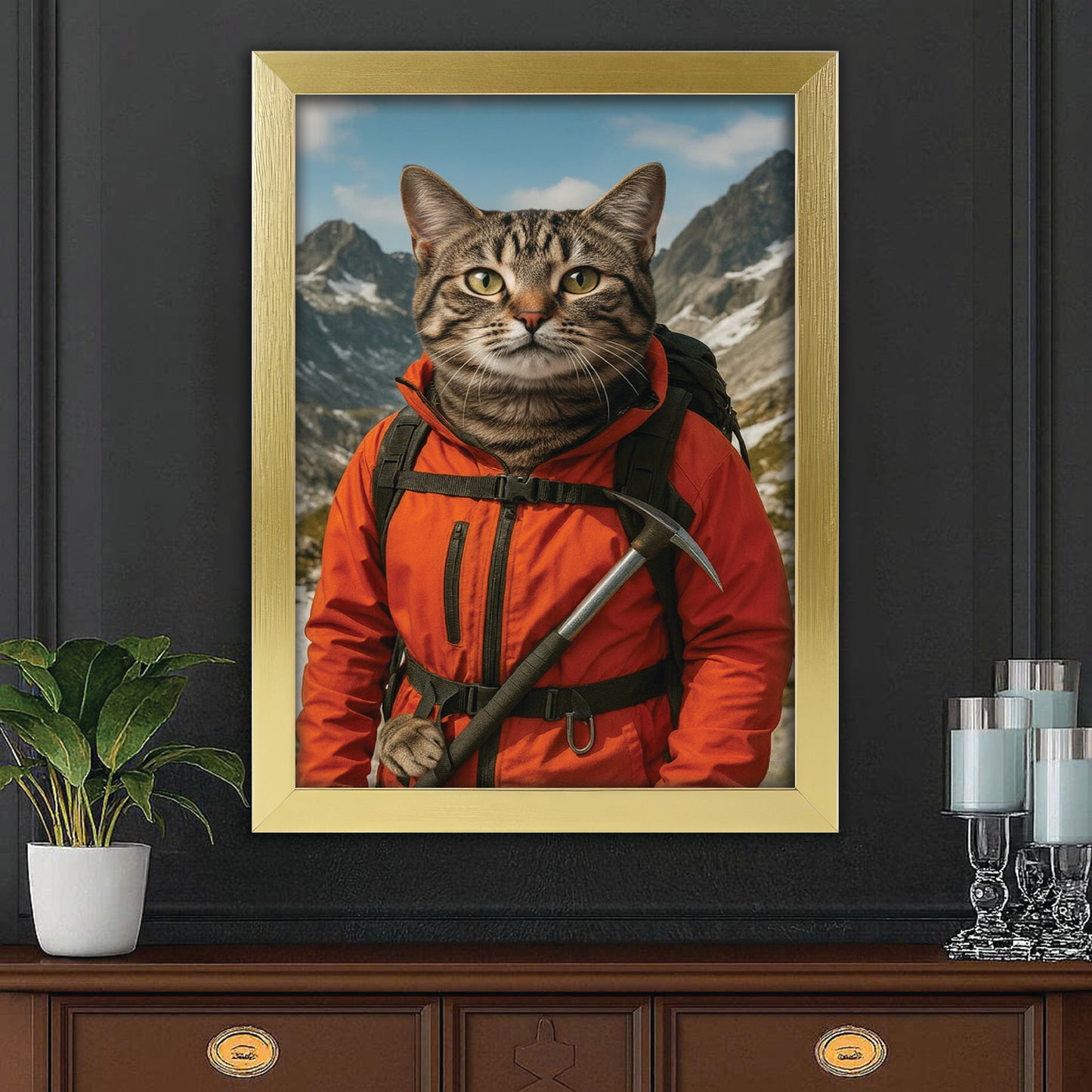 Custom Photo Mountaineer Climbing Cat Canvas Framed Wall Art  Gift For Cat Lovers