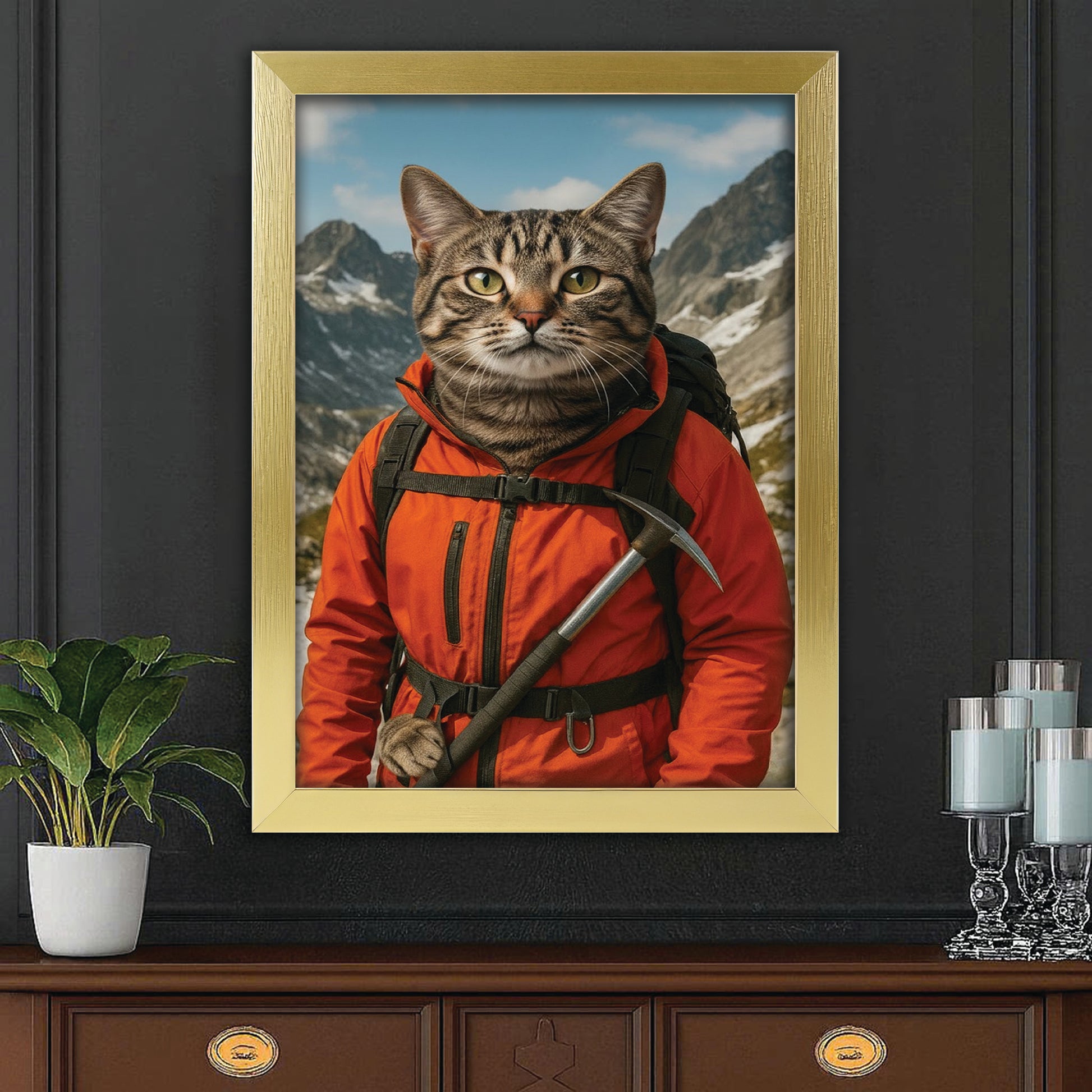 Custom Photo Mountaineer Climbing Cat Canvas Framed Wall Art  Gift For Cat Lovers