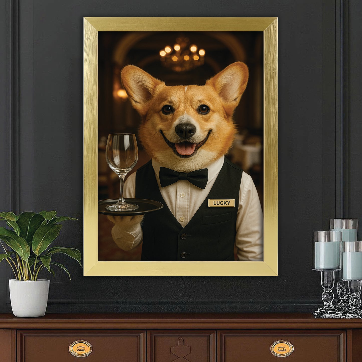 Custom Photo Dog Waiter Restaurant Canvas Framed Wall Art Gift For Dog Lovers