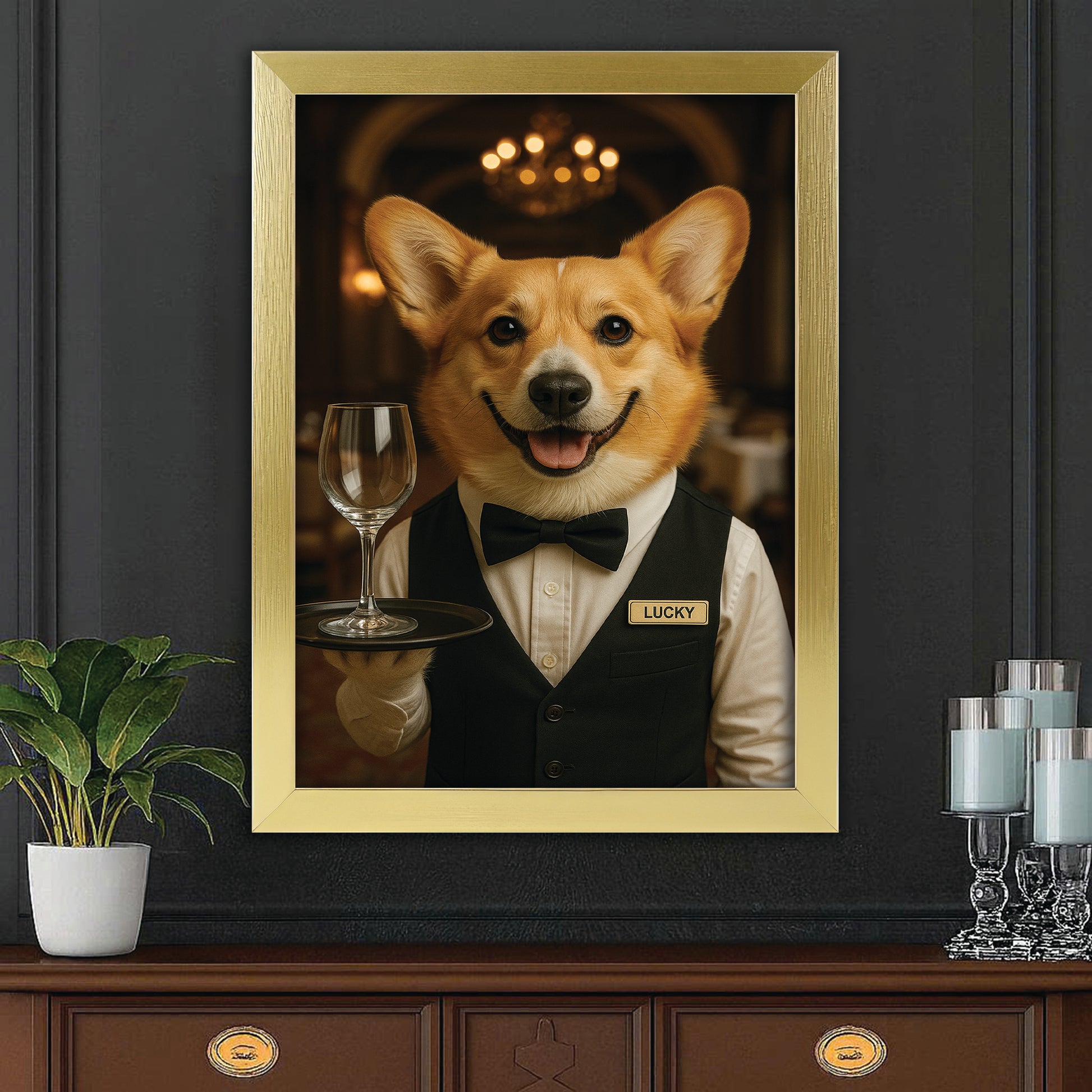 Custom Photo Dog Waiter Restaurant Canvas Framed Wall Art Gift For Dog Lovers