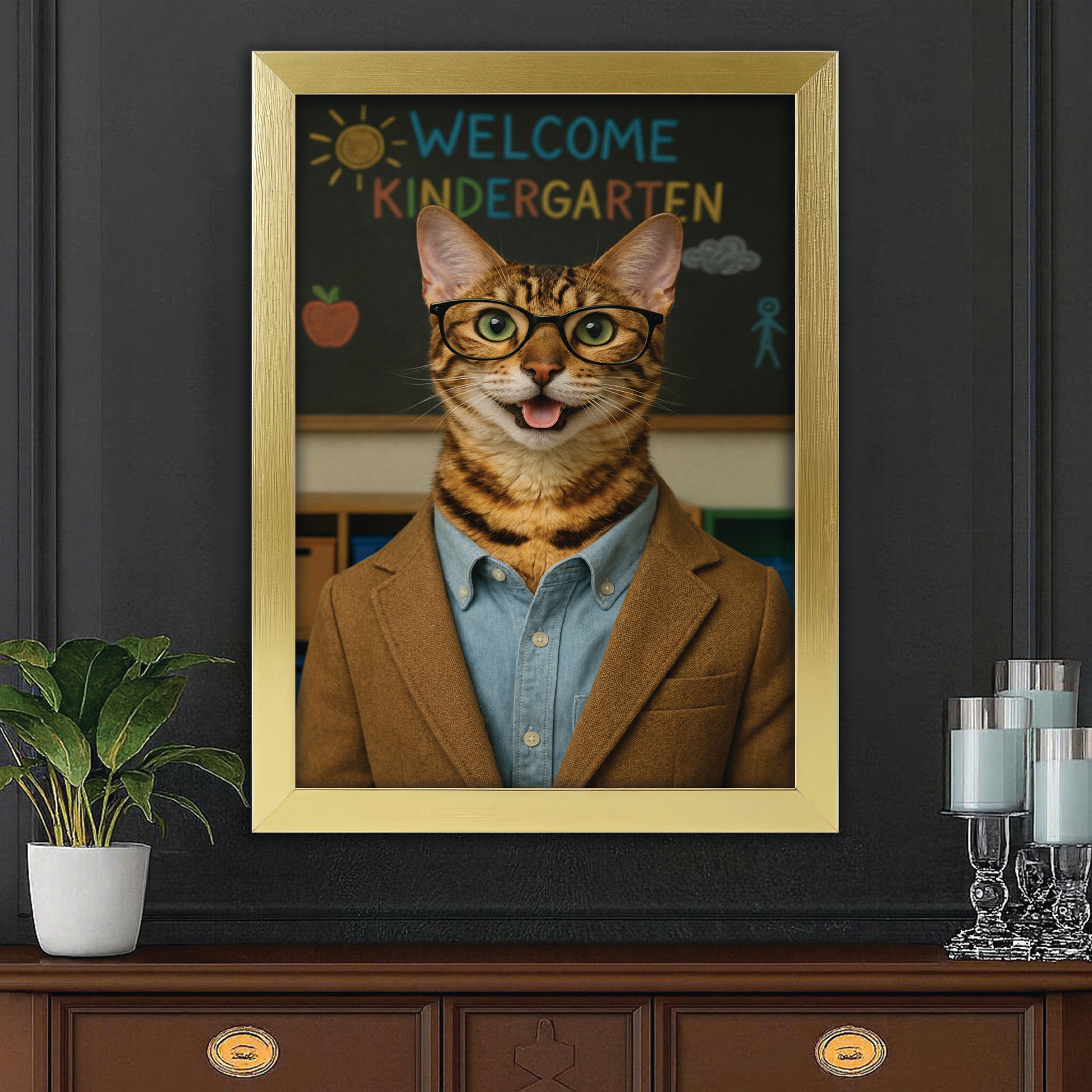 Custom Photo Kindergarten Teacher Canvas Framed Wall Art  Gift For Cat Lovers