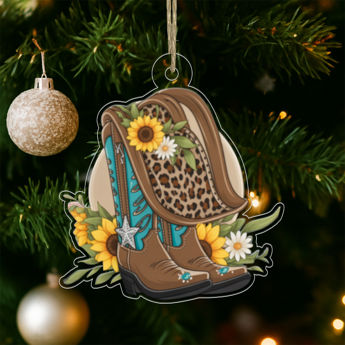 Custom Name Cowboy Boots And Hat Acrylic Ornament Christmas Gift