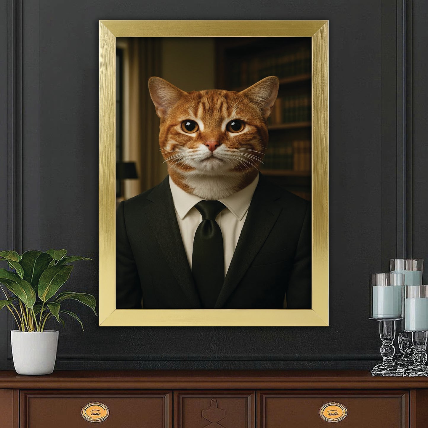 Custom Photo Business man Ceo Cat Canvas Framed Wall Art Gift For Cat Lovers