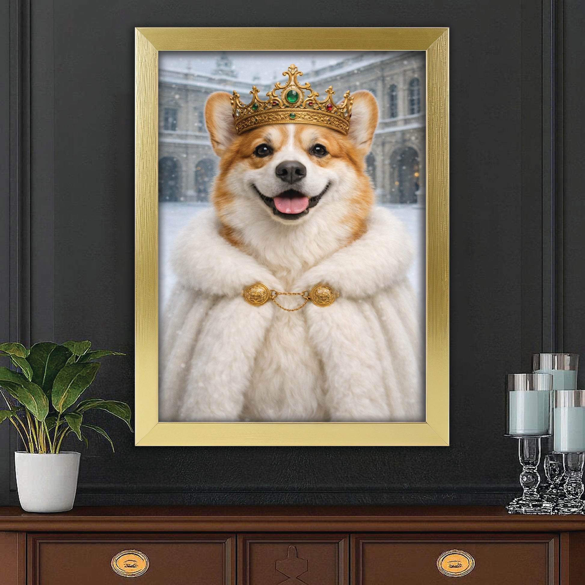 Custom Photo Royal Winter Queen Dog Canvas Framed Wall Art Gift For Dog Lovers
