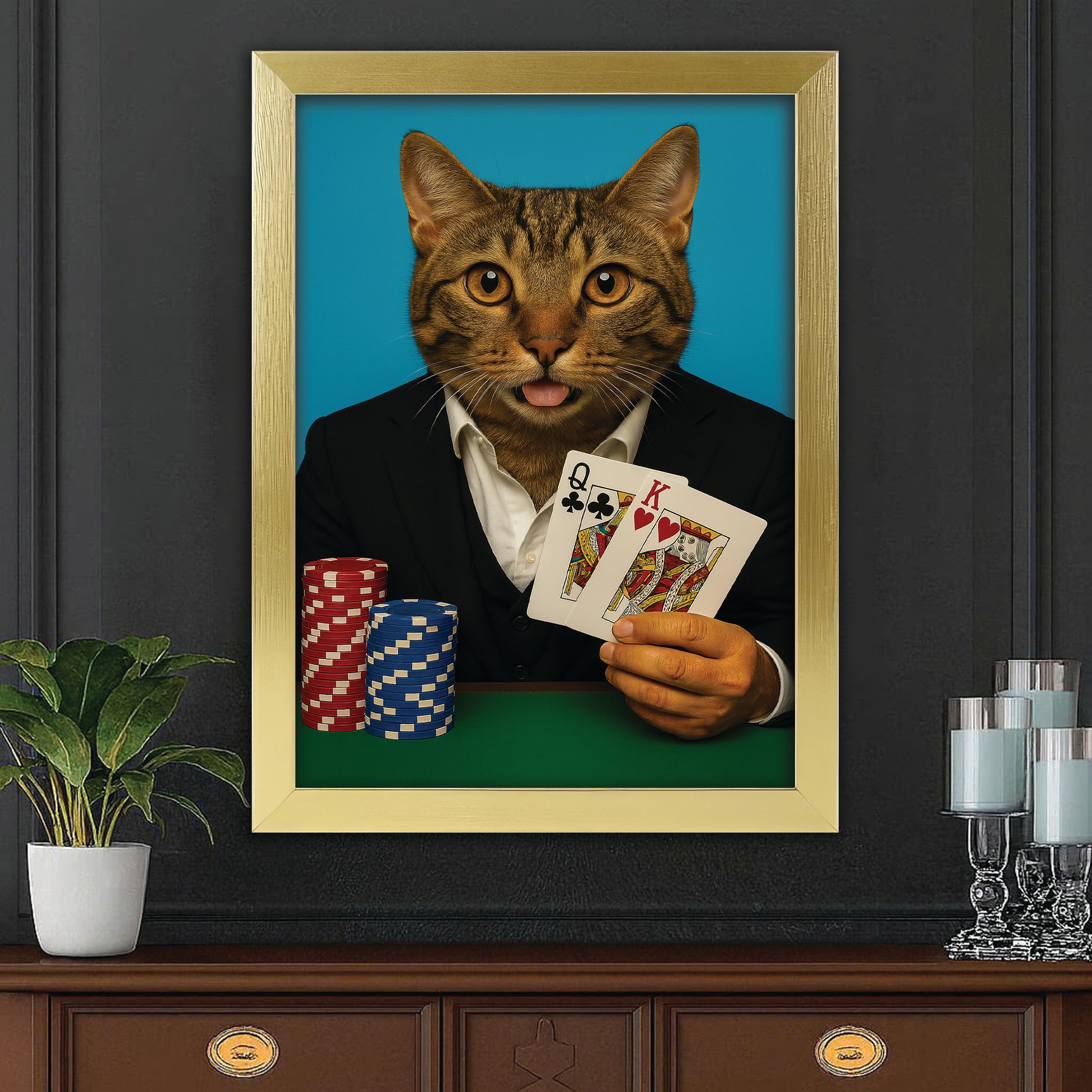 Custom Photo Poker Player Cat Canvas Framed Wall Art Gift For Cat Lovers