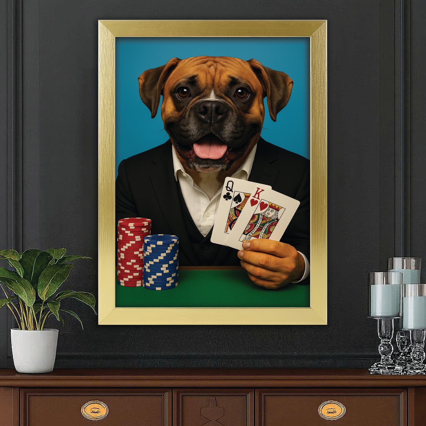 Custom Photo Poker Player Dog Canvas Framed Wall Art Gift For Dog Lovers