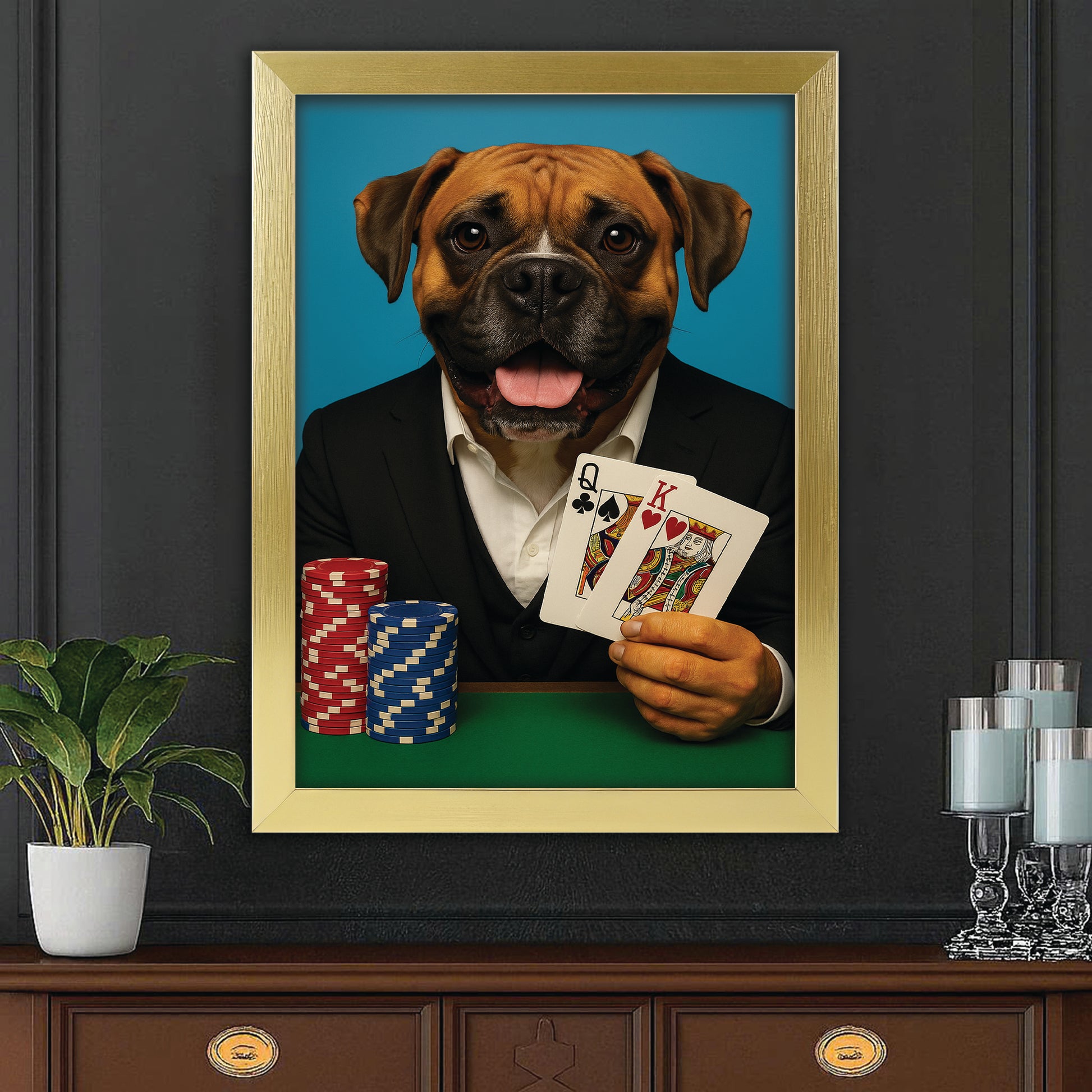 Custom Photo Poker Player Dog Canvas Framed Wall Art Gift For Dog Lovers