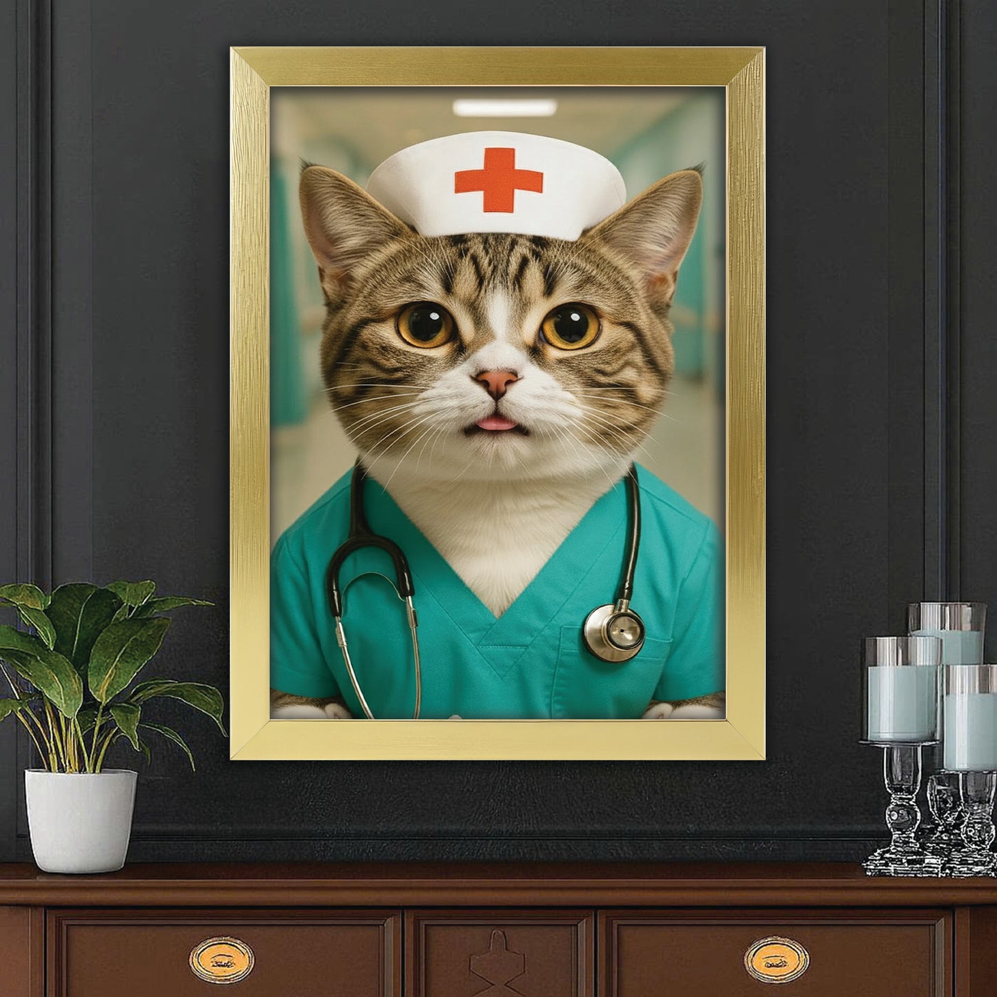 Custom Photo Nurse Cat Canvas Framed Wall Art  Gift For Cat Lovers