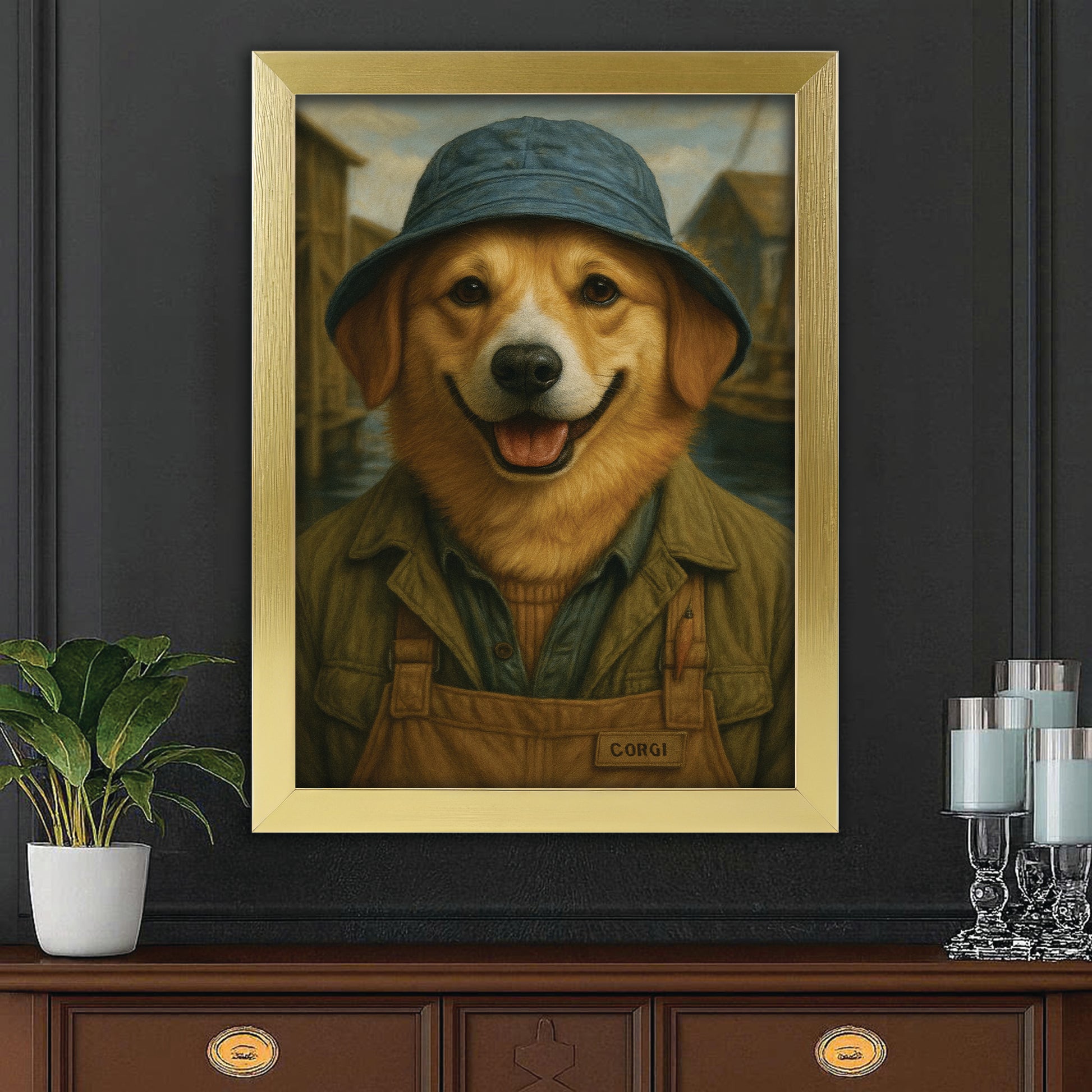 Custom Photo Fisherman Dog Canvas Framed Wall Art Gift For Dog Lovers