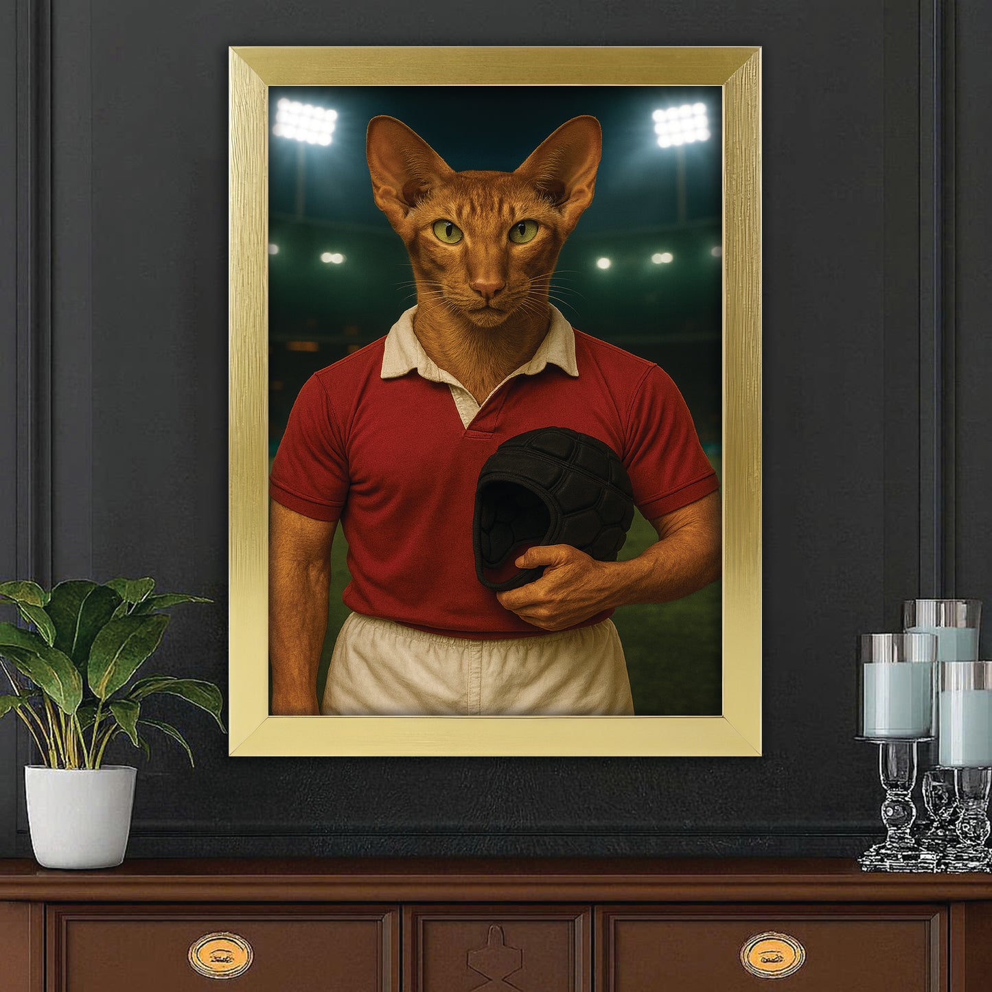 Custom Photo Rugby Player 2 Cat Canvas Framed Wall Art Gift For Cat Lovers