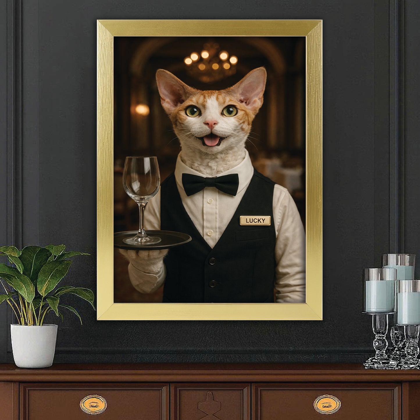 Custom Photo Cat Waiter Restaurant Canvas Framed Wall Art  Gift For Cat Lovers