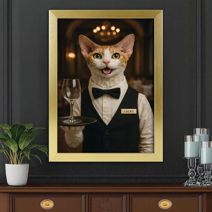 Custom Photo Cat Waiter Restaurant Canvas Framed Wall Art  Gift For Cat Lovers