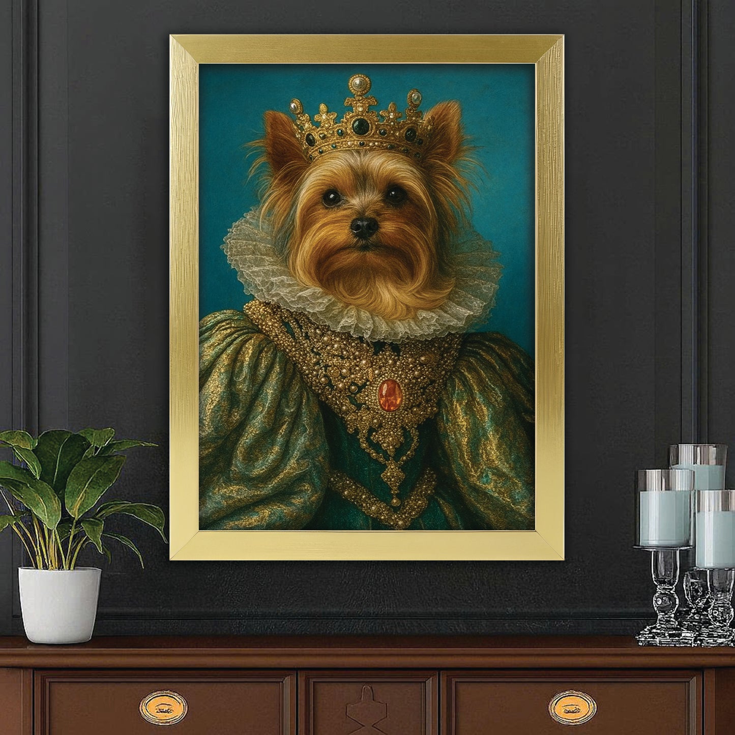 Custom Photo Potrait Royal Dog With Crown Canvas Framed Wall Art Gift For Dog Lovers