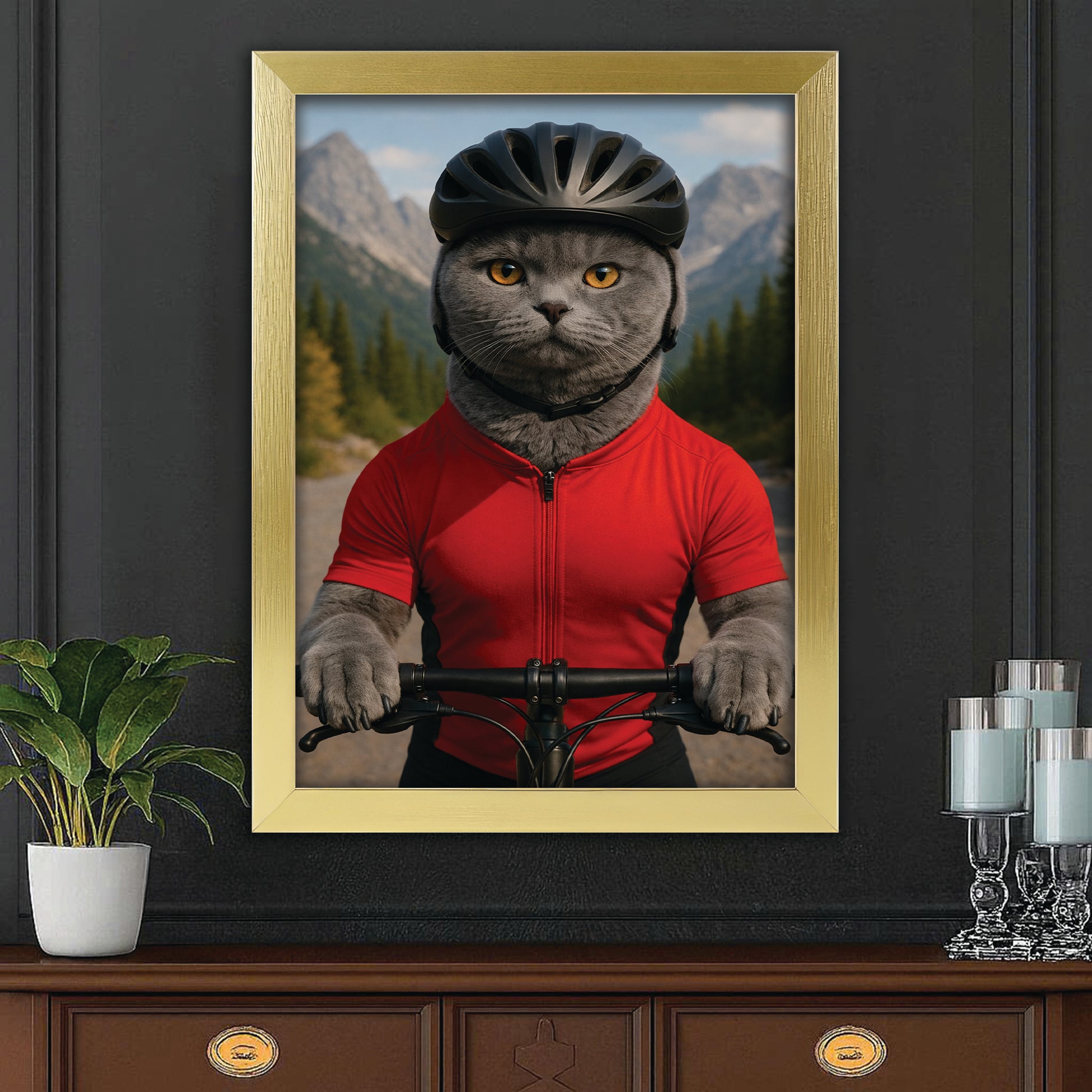 Custom Photo Cyclist Dart Bike Cat Canvas Framed Wall Art Gift For Cat Lovers