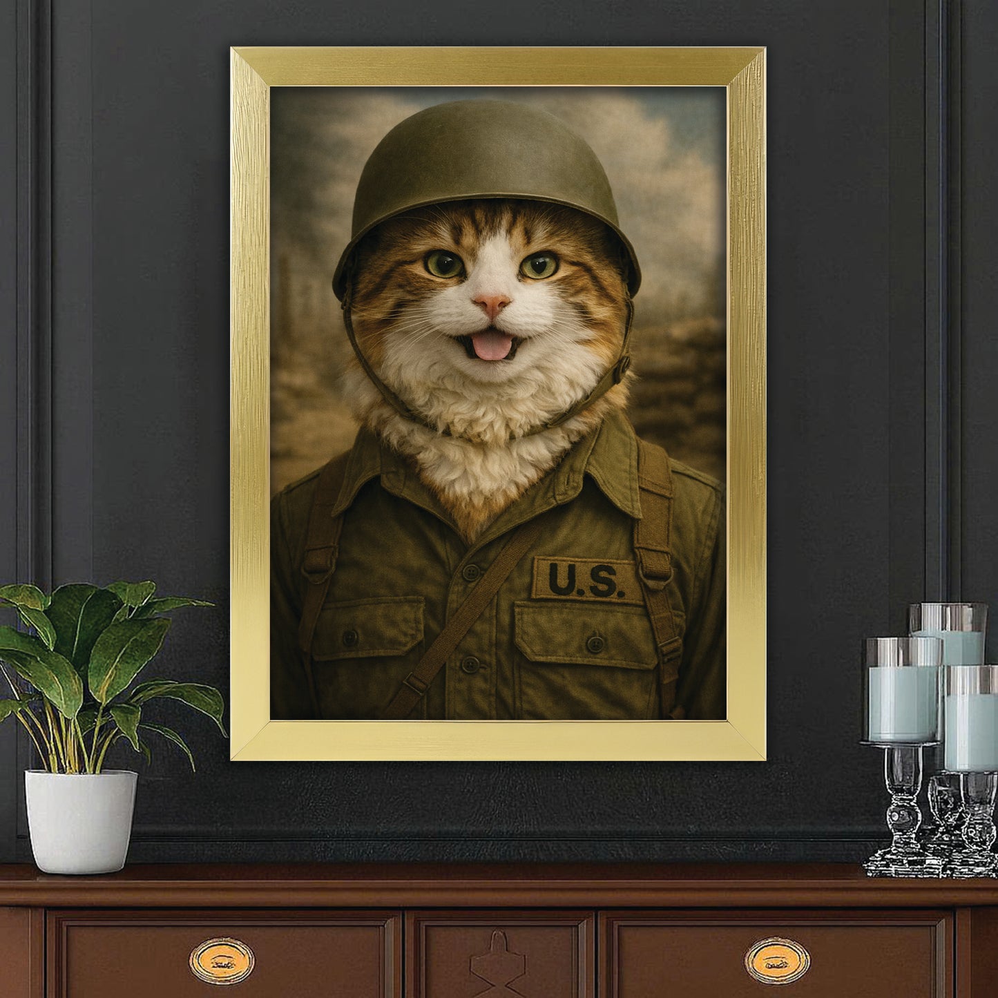Custom Photo Military Cat Canvas Framed Wall Art  Gift For Cat Lovers
