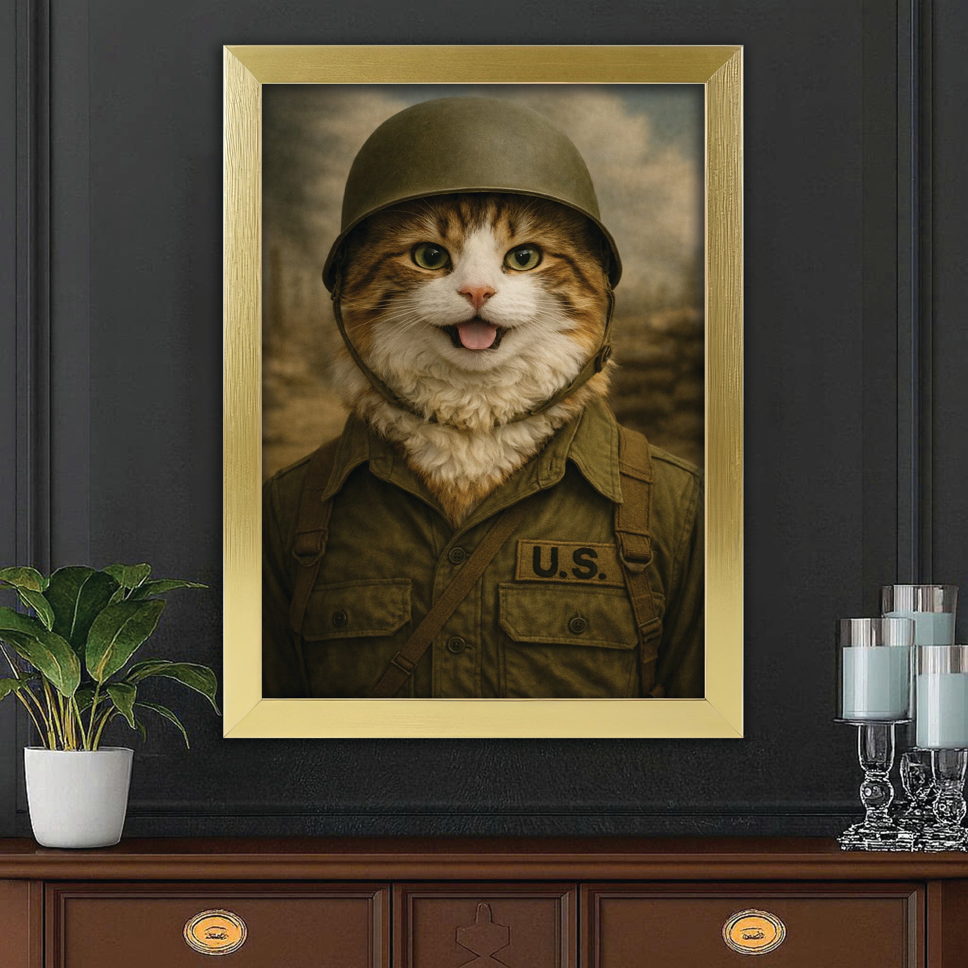 Custom Photo Military Cat Canvas Framed Wall Art  Gift For Cat Lovers