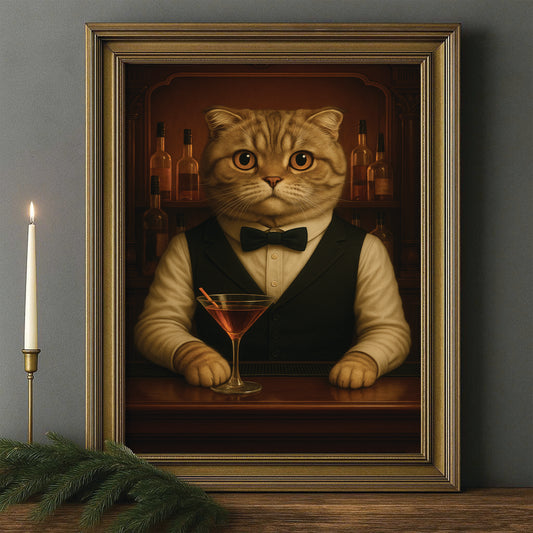 Personalized Cat Portrait Bartender Canvas Framed Wall Art