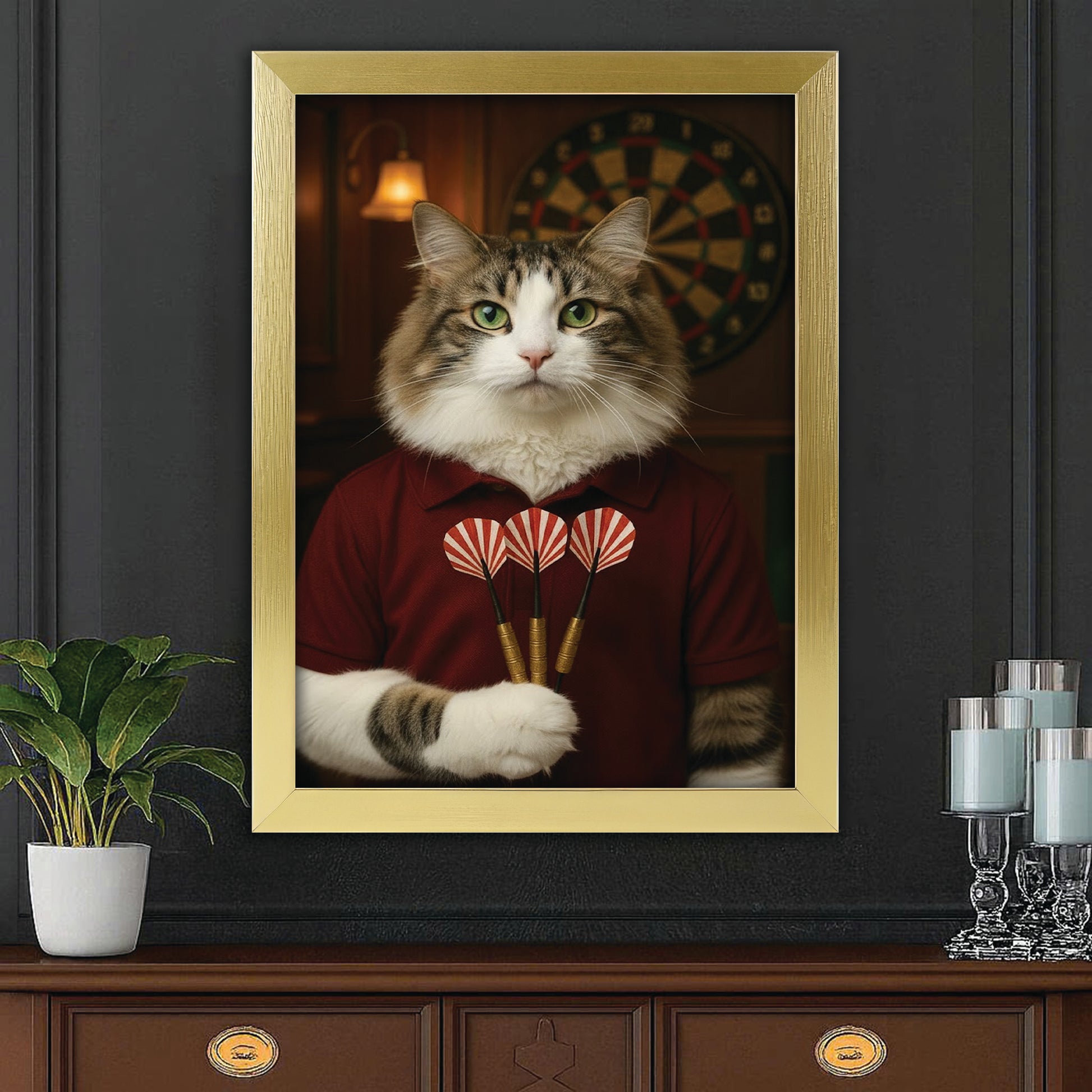 Custom Photo Dart Player Cat Canvas Framed Wall Art  Gift For Cat Lovers