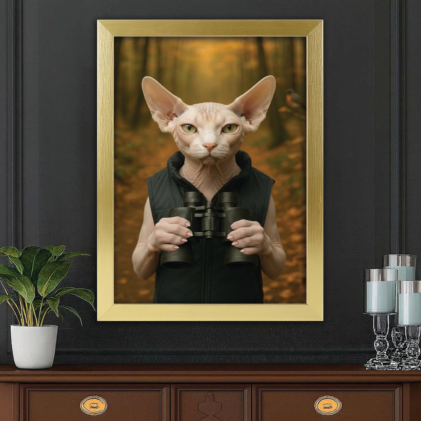 Custom Photo Bird Watching Cat Canvas Framed Wall Art Gift For Cat Lovers