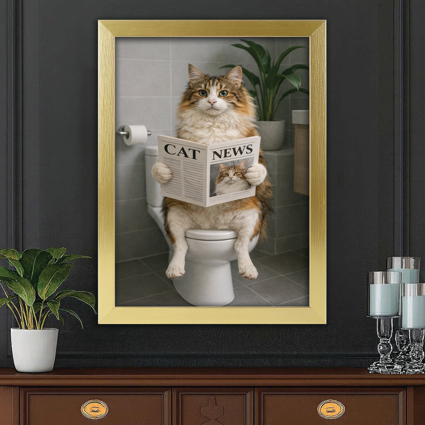 Custom Photo Cat Bathroom Style 4 Canvas Framed Wall Art Gift For Cat Lovers