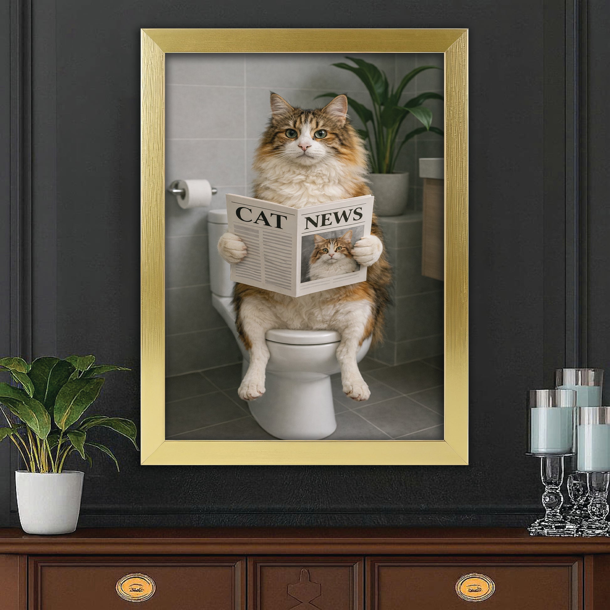Custom Photo Cat Bathroom Style 4 Canvas Framed Wall Art Gift For Cat Lovers