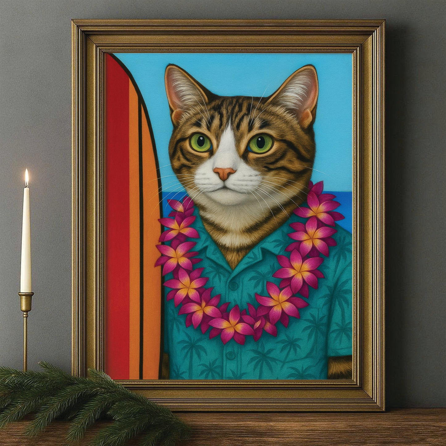 Custom Photo Surfer Cat Canvas Framed Wall Art Gift For Cat Lovers