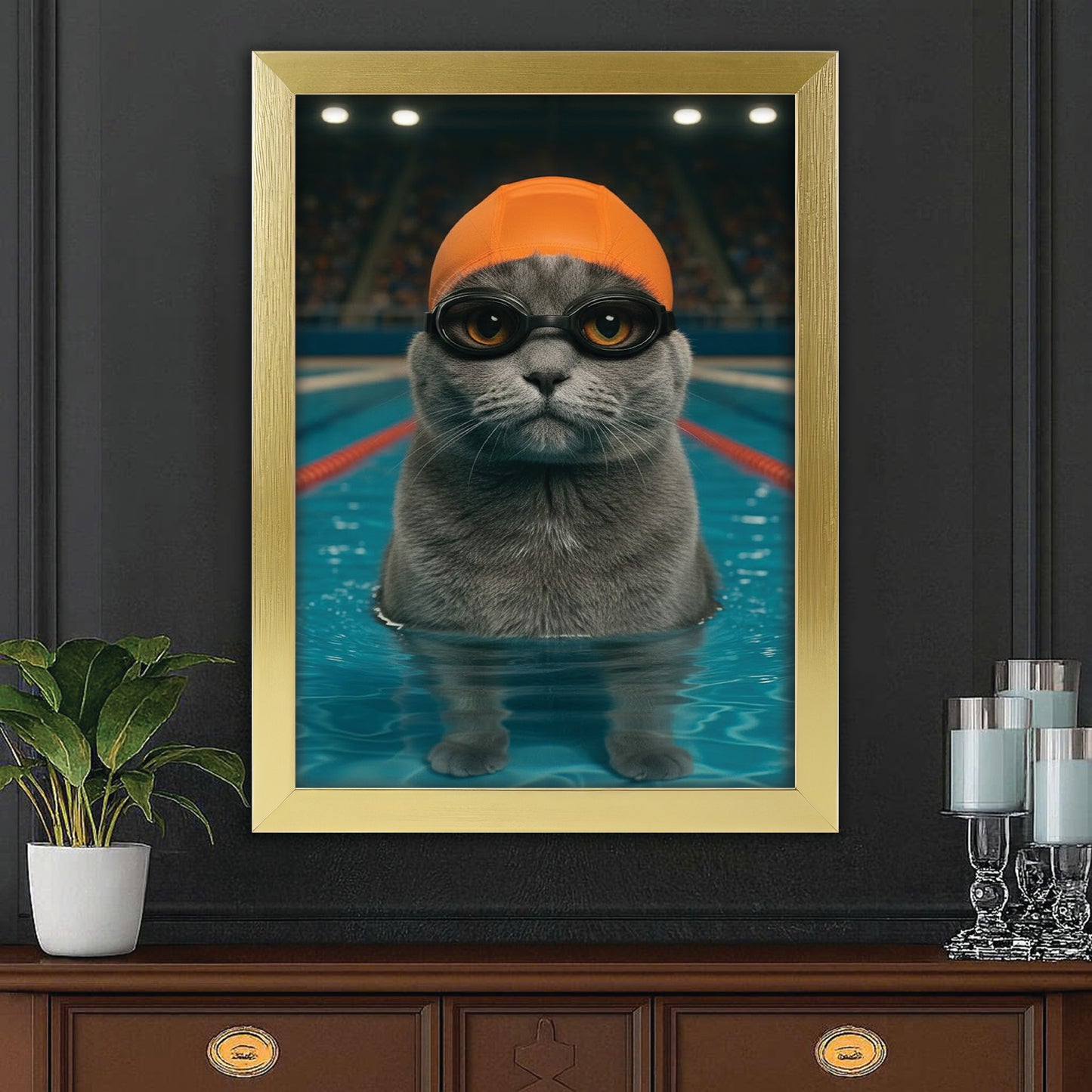 Custom Photo Swimmer  2 Cat Canvas Framed Wall Art Gift For Cat Lovers